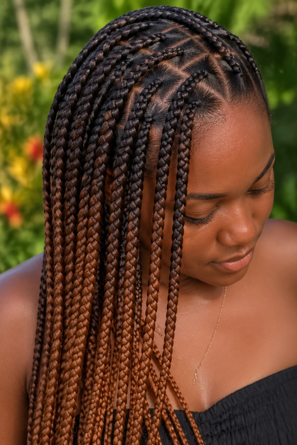 Close-up of a real person with chocolate-to-caramel triangle-part braids