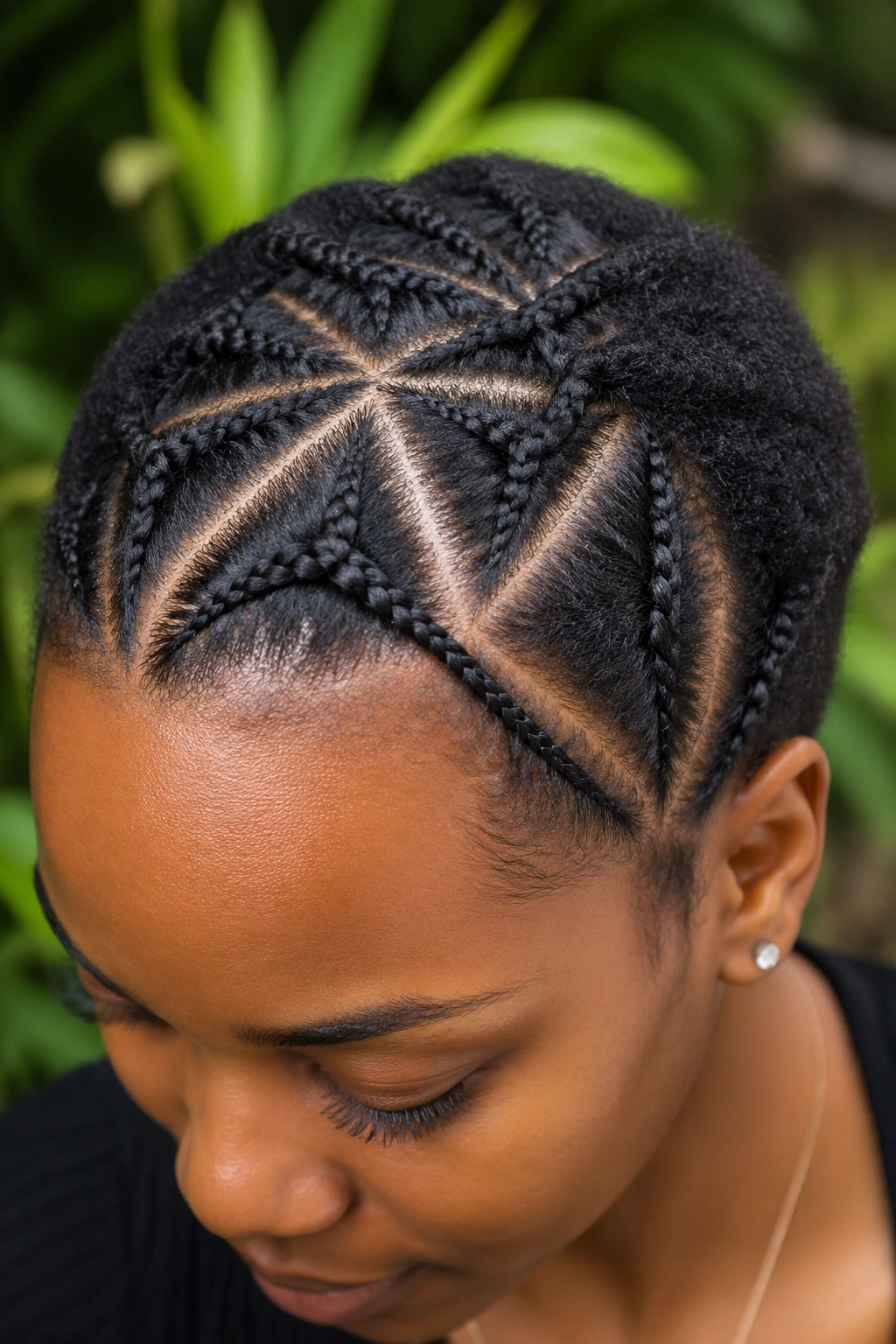 Real person showing triangular part braids around the crown with scalp visible