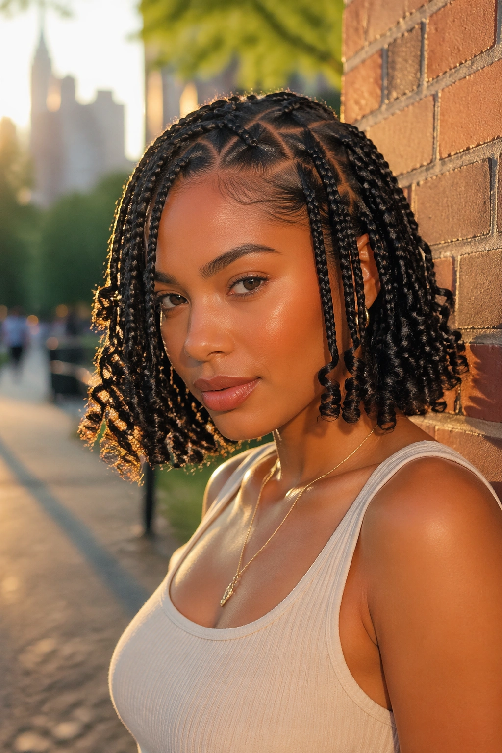 Triangle-part braids with springy ends in urban outdoor setting.