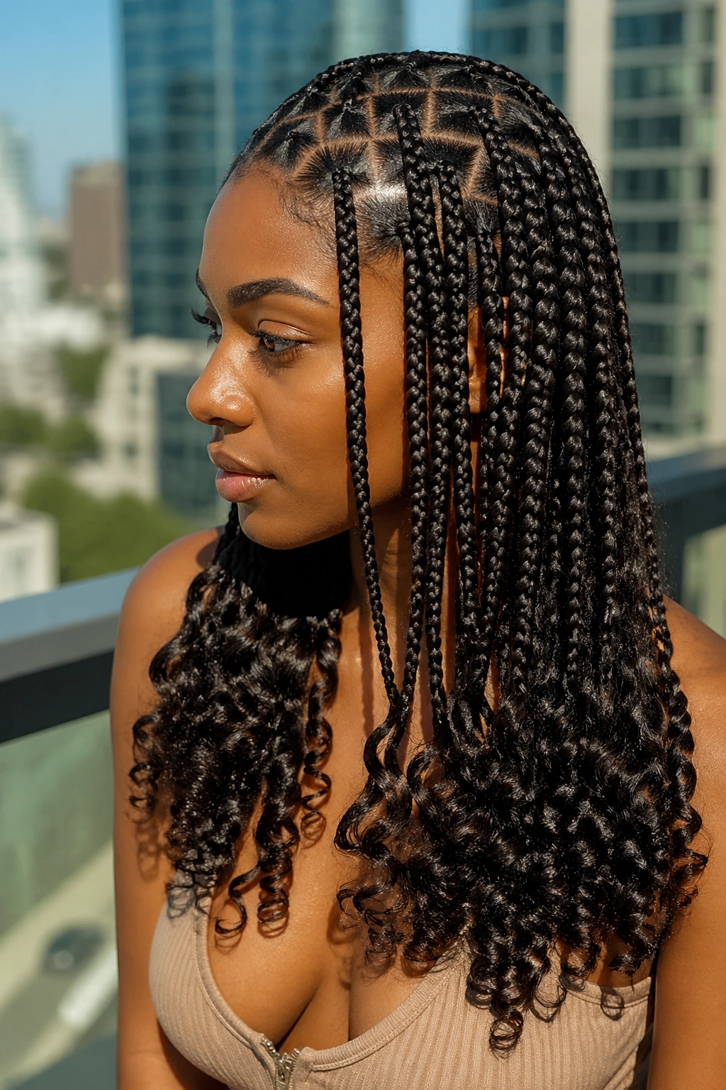 Close-up of a real person with triangle-part box braids and curly ends