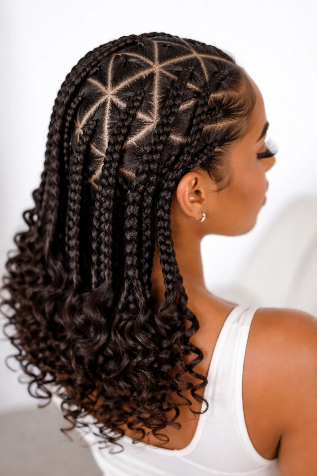 Triangle-part braids with curly ends showing crisp geometry.