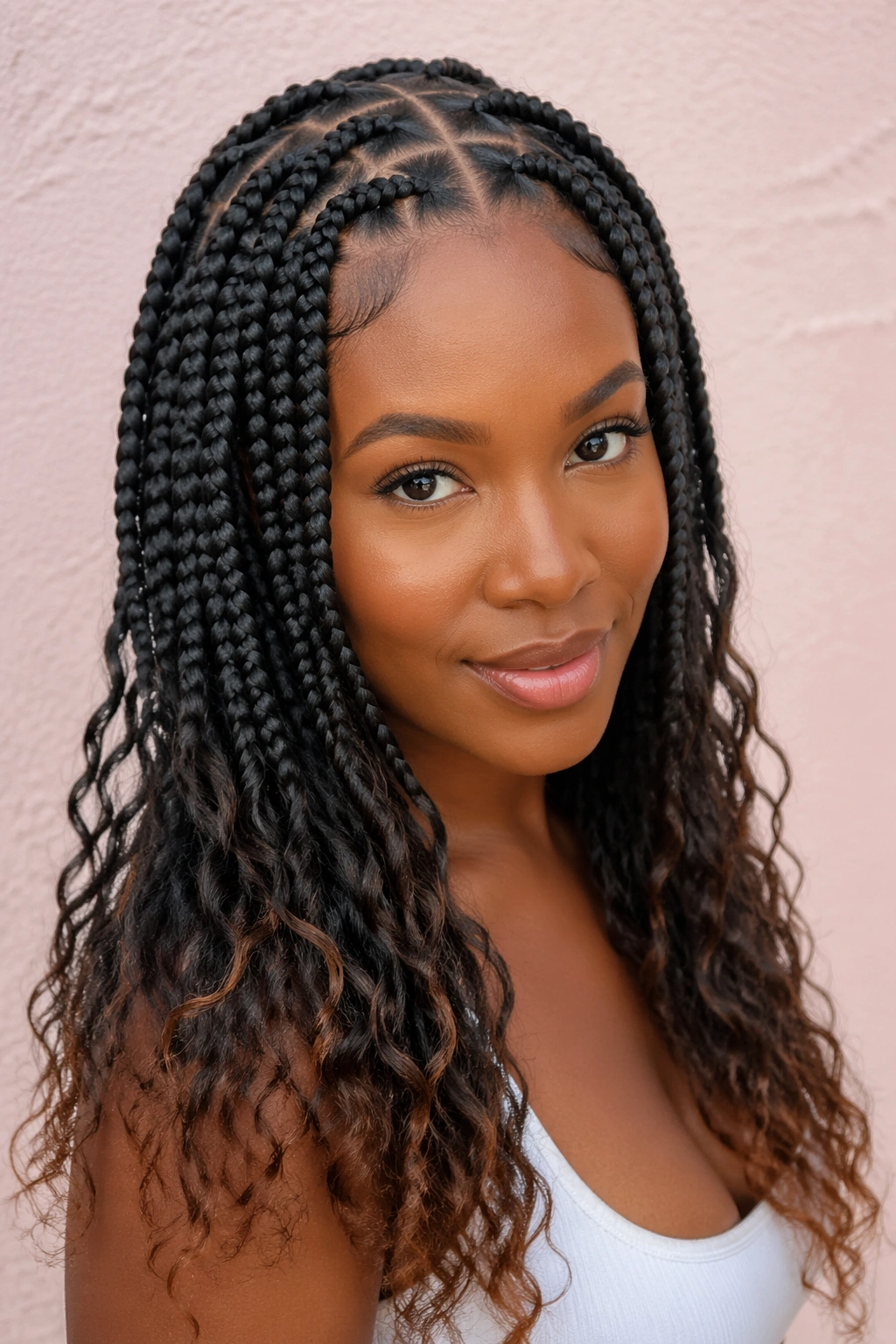 Real woman with triangle-part box braids and curly ends