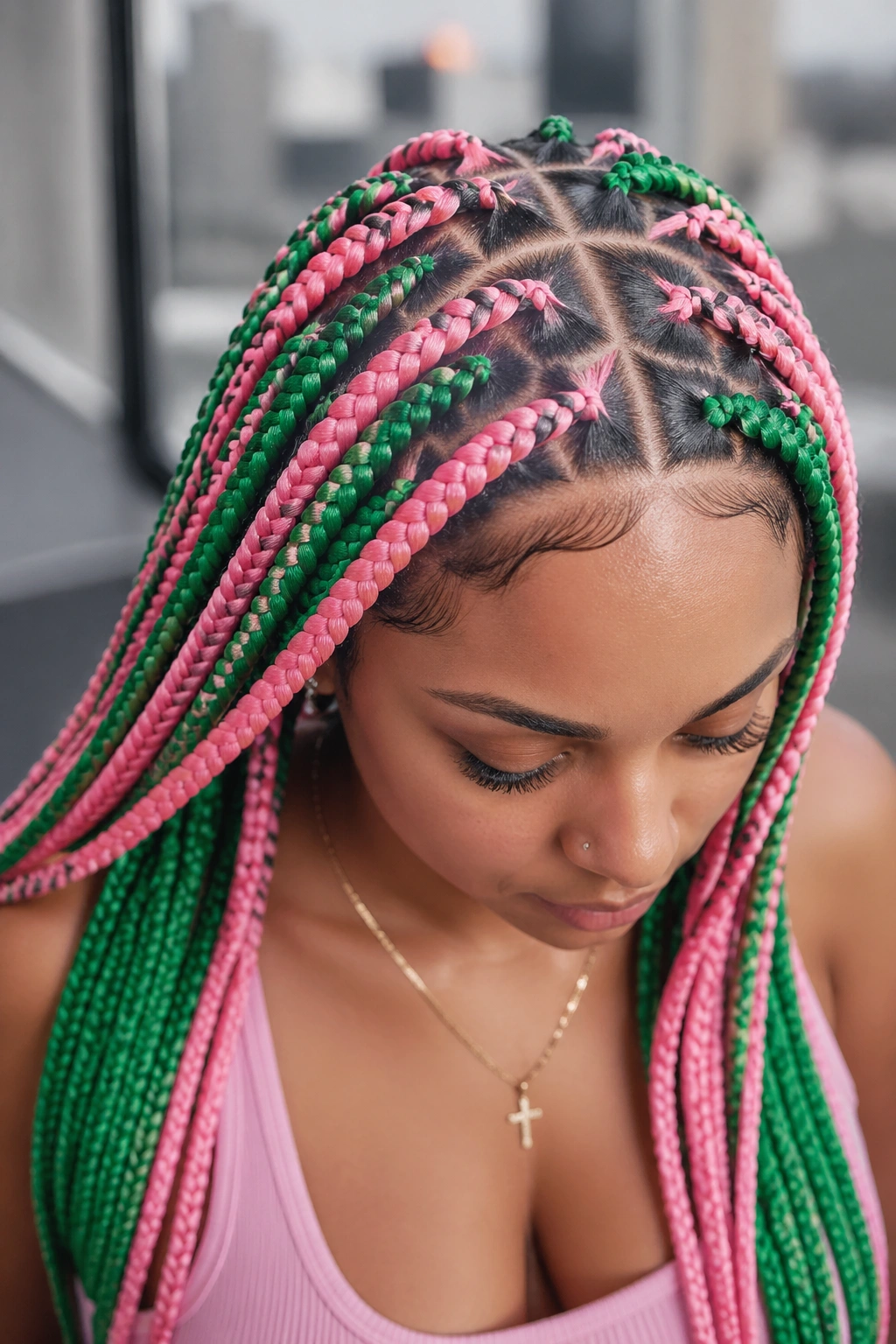 Triangle-part green and pink box braids close-up on real person