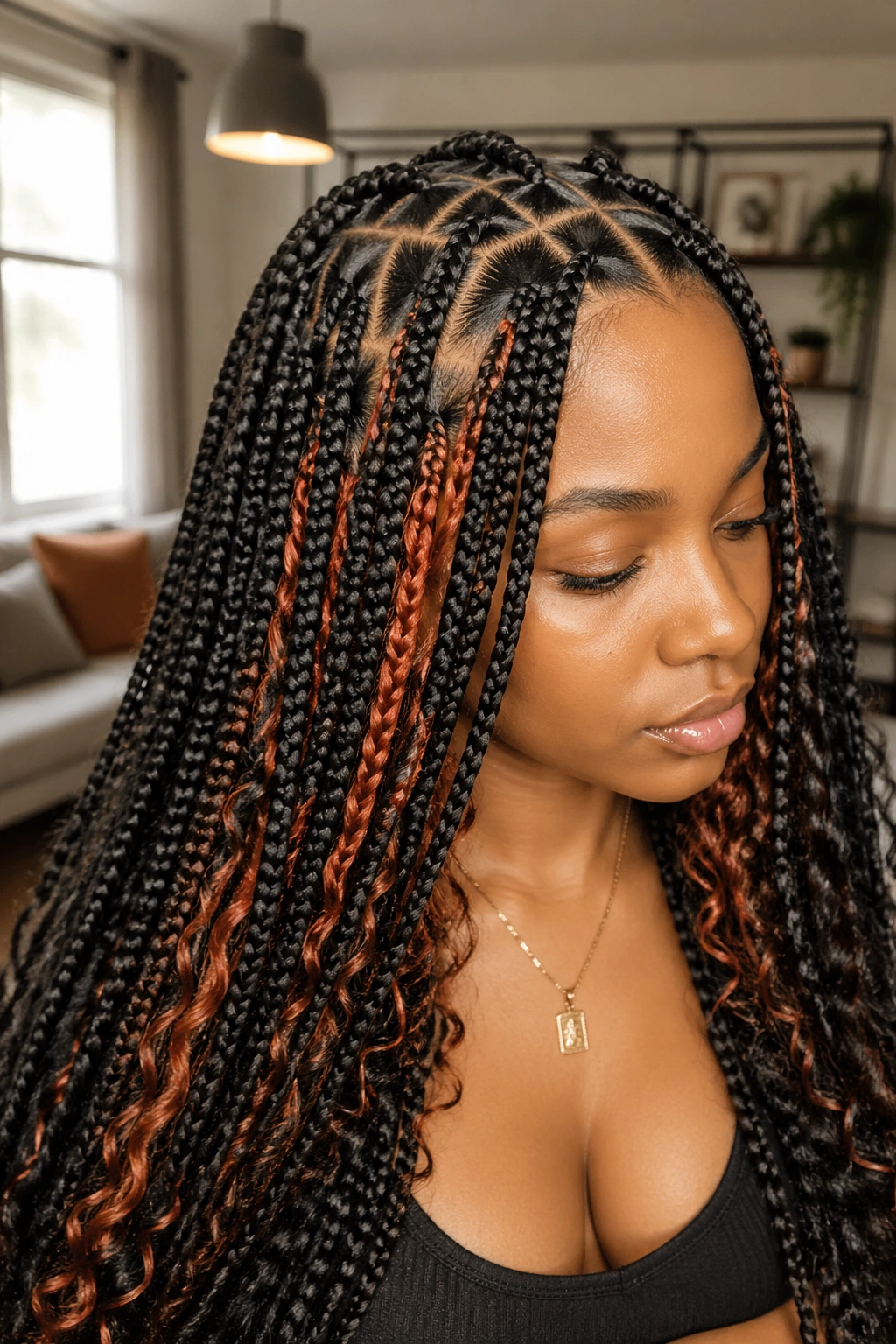Close-up of knotless braids with triangle part and peekaboo color on a real person.