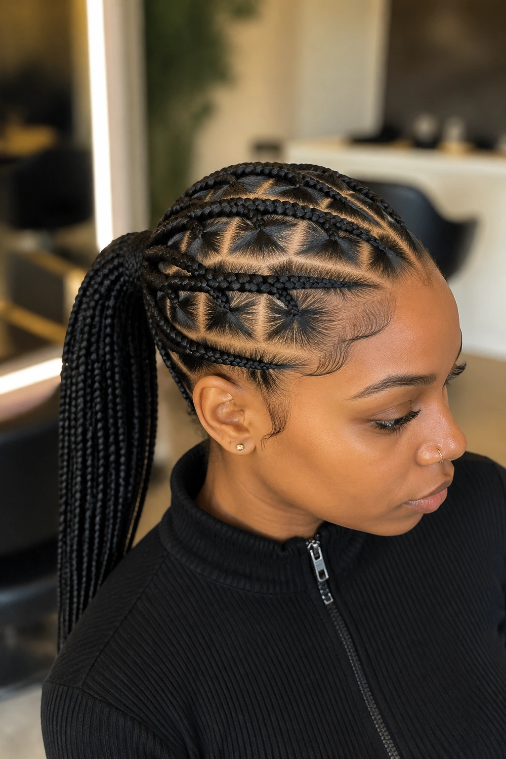 Close-up of a real Black woman with triangle-part braids mid ponytail