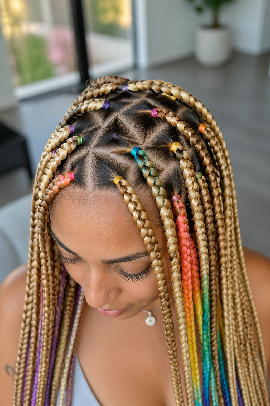 Close-up of triangle-part blonde braids with bright rainbow accents on a real person