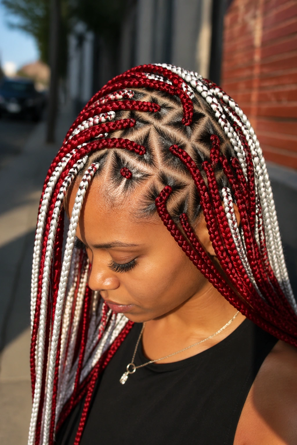 Close-up of a real person with triangle-part red and white box braids