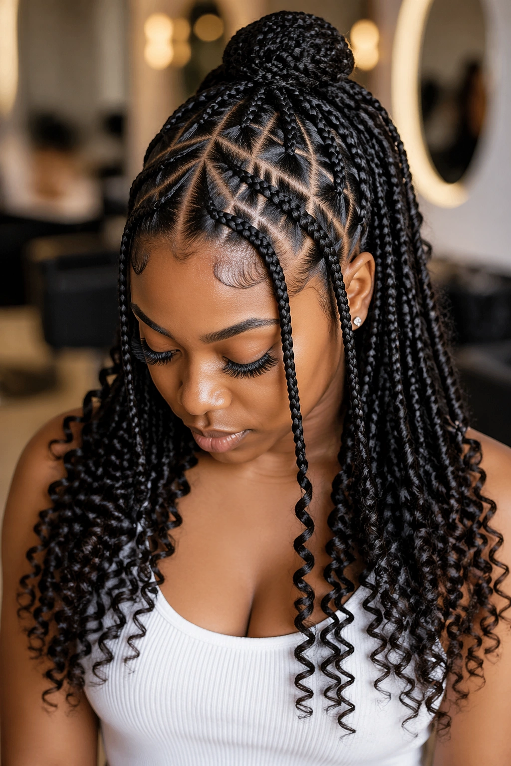 Close-up of a real woman with triangle-part braids and spiral ends