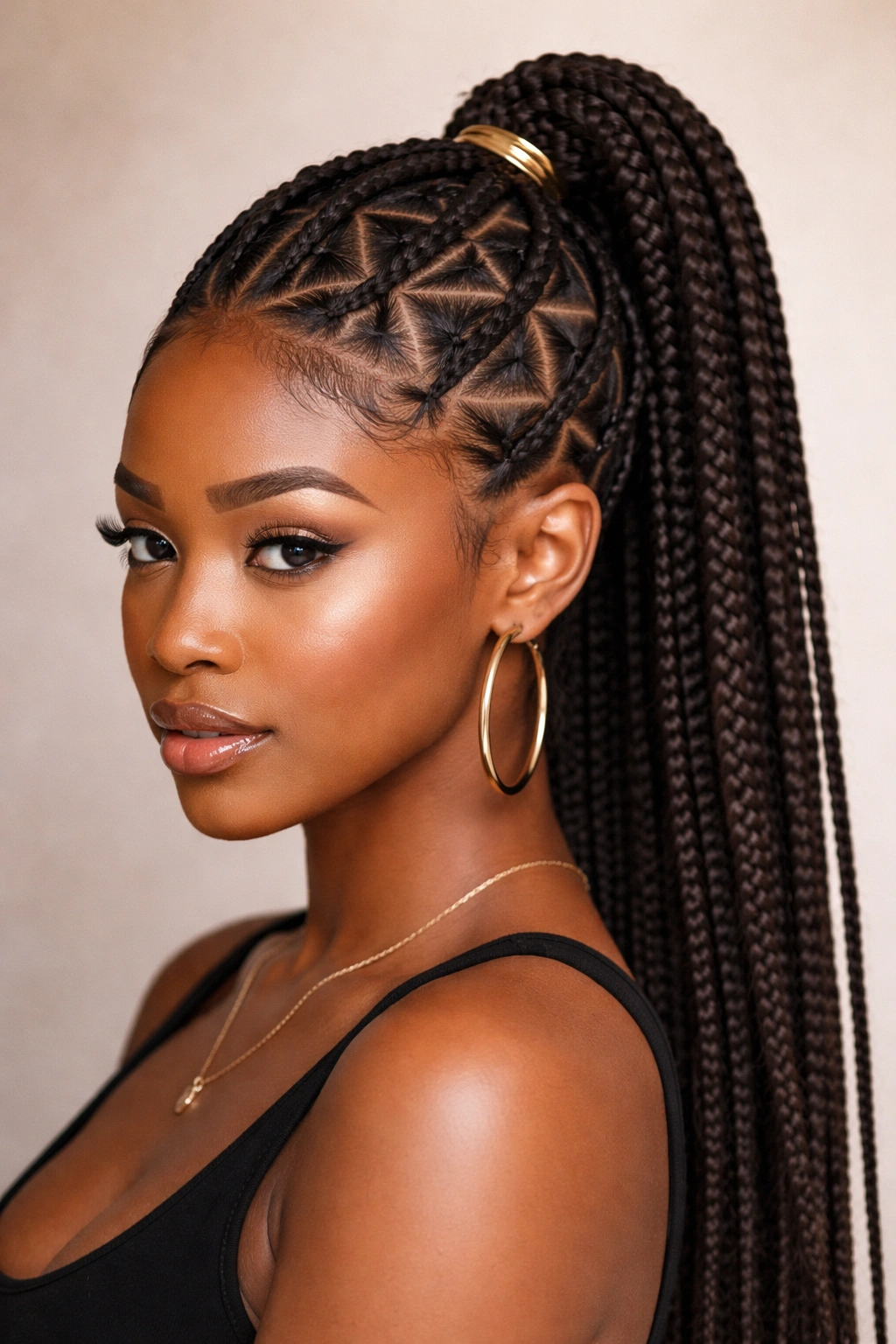 Triangle-part cornrow ponytail close-up showing triangular scalp patterns
