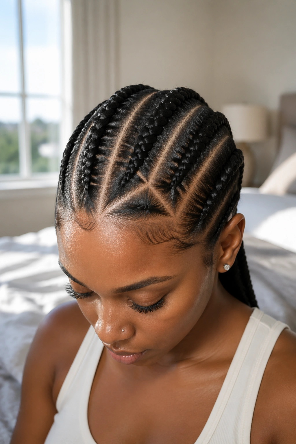 Close-up of a real woman with triangle-parted four cornrows on a bright day.