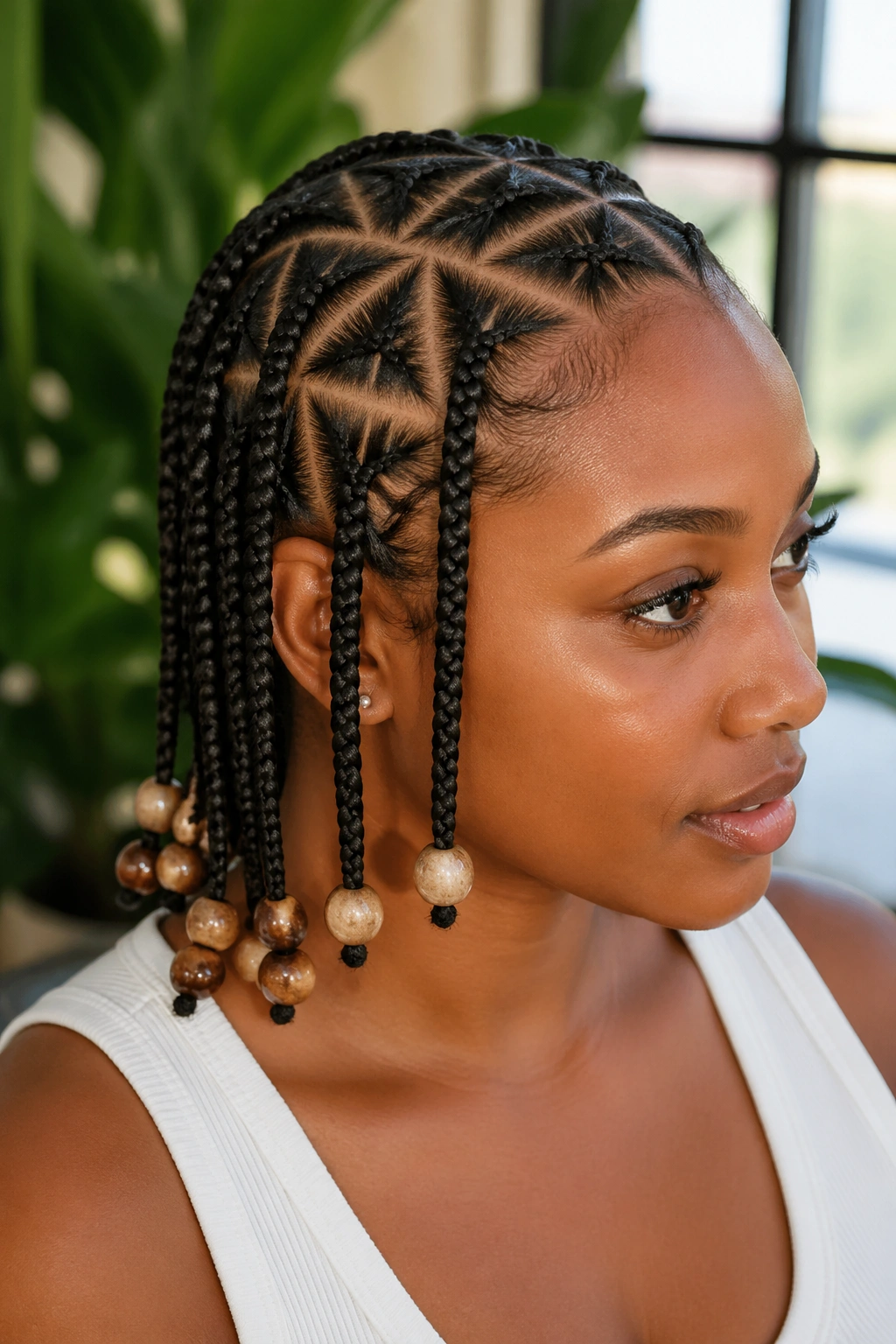 Close-up of triangle-part cornrows ending with large beads