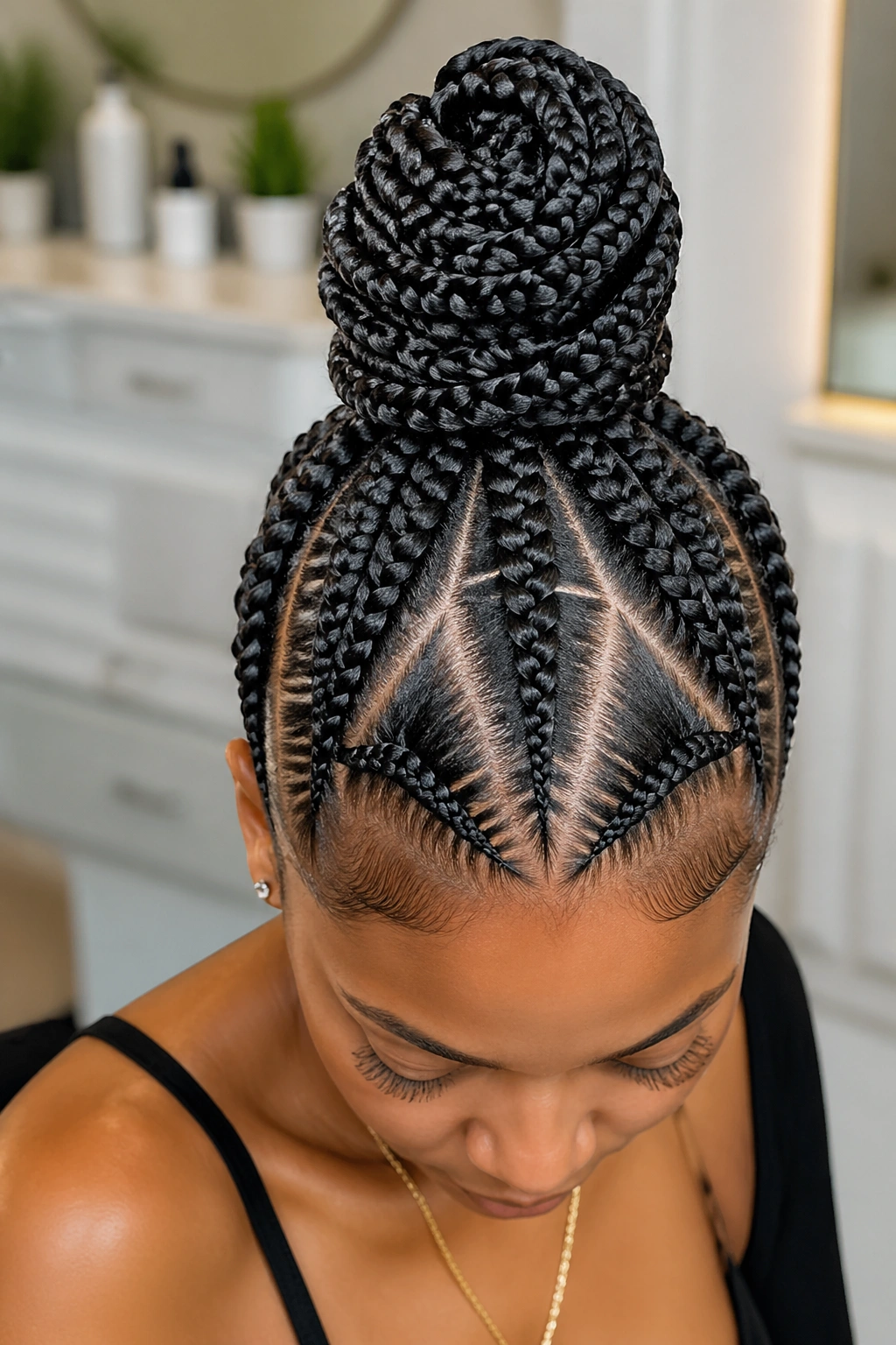 Close-up of a real person with triangle-part cornrows leading to a top knot.