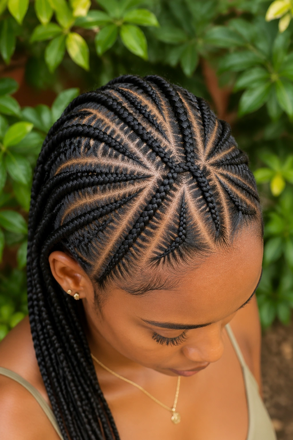 Close-up of triangular part cornrows across the scalp radiating toward the crown