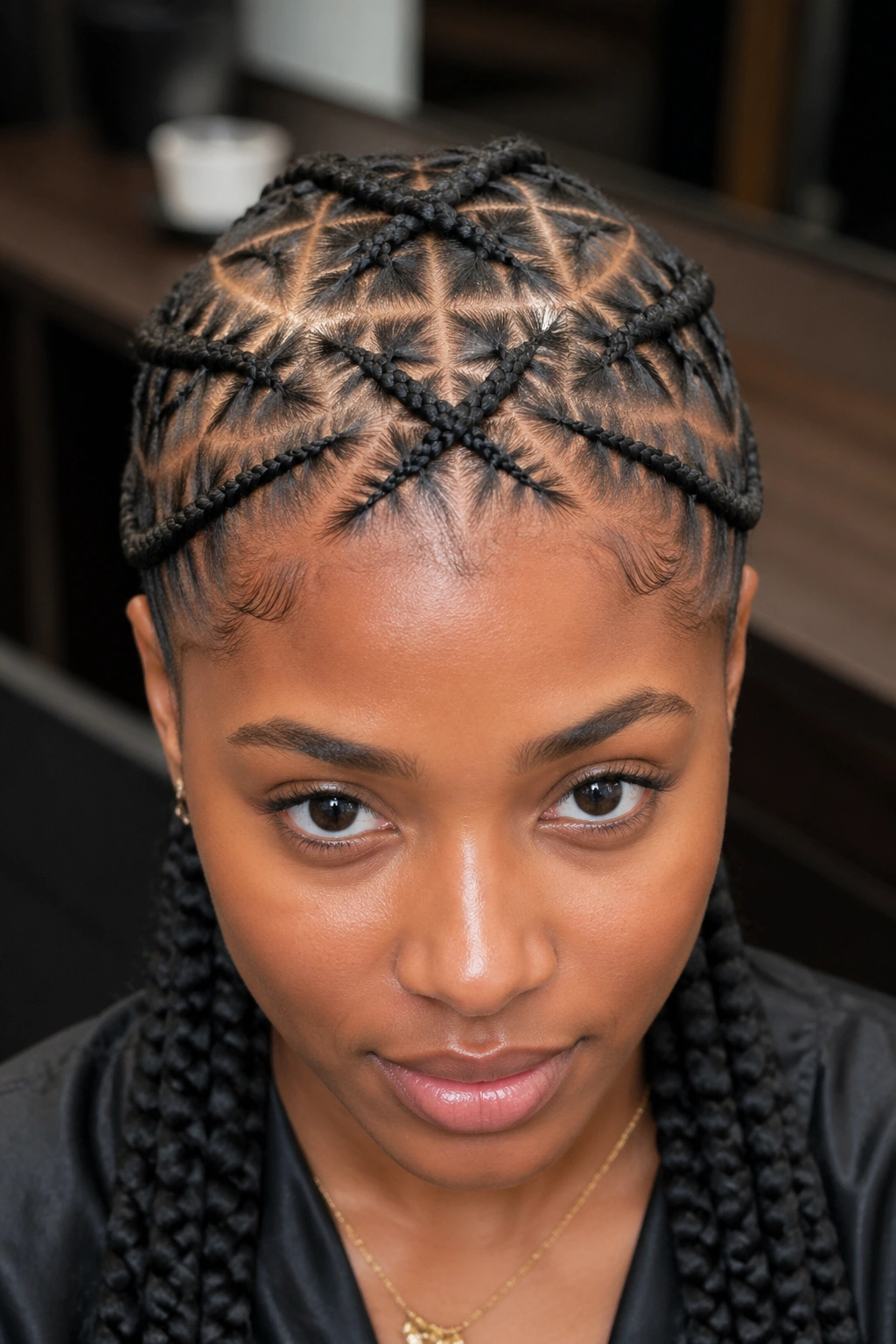 Close-up of a real woman with triangle-part criss-cross cornrows on the scalp