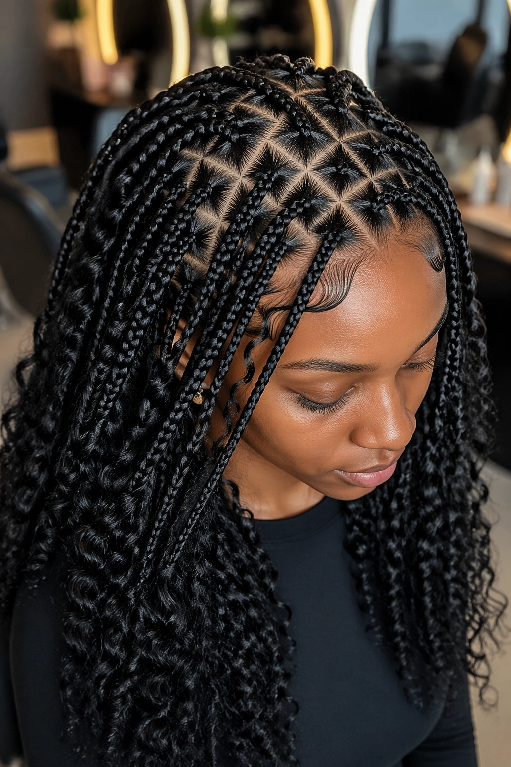 Close-up of real person with triangle-part curly box braids