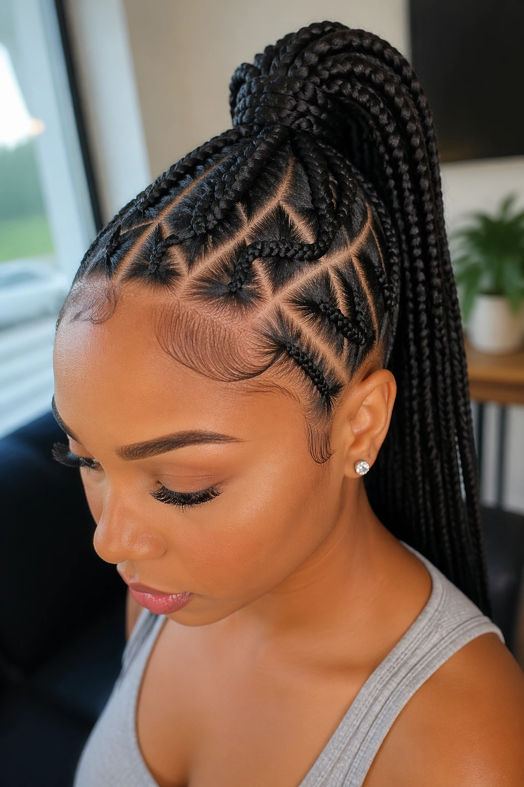 Close-up of a real woman with a triangle-part feed-in ponytail showing crisp scalp triangles.