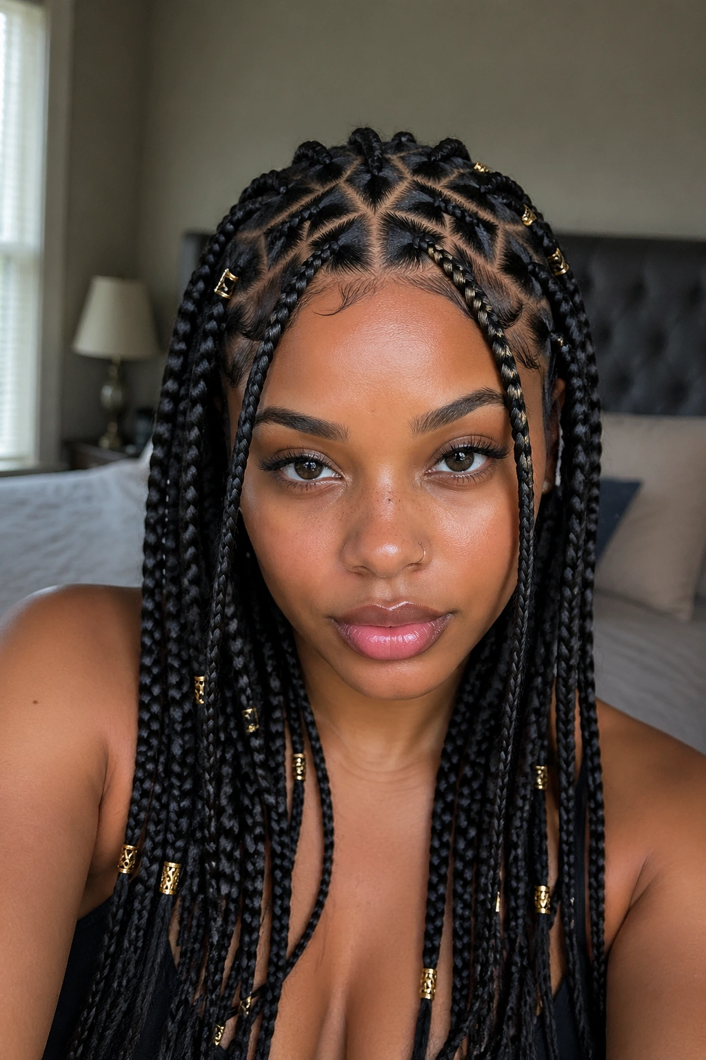 Close-up of a real woman with triangle-part Fulani box braids showing triangle scalp parts