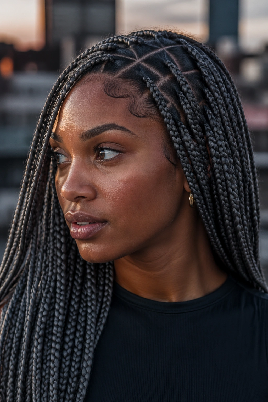 Close-up portrait of a woman with triangle-part grey box braids.