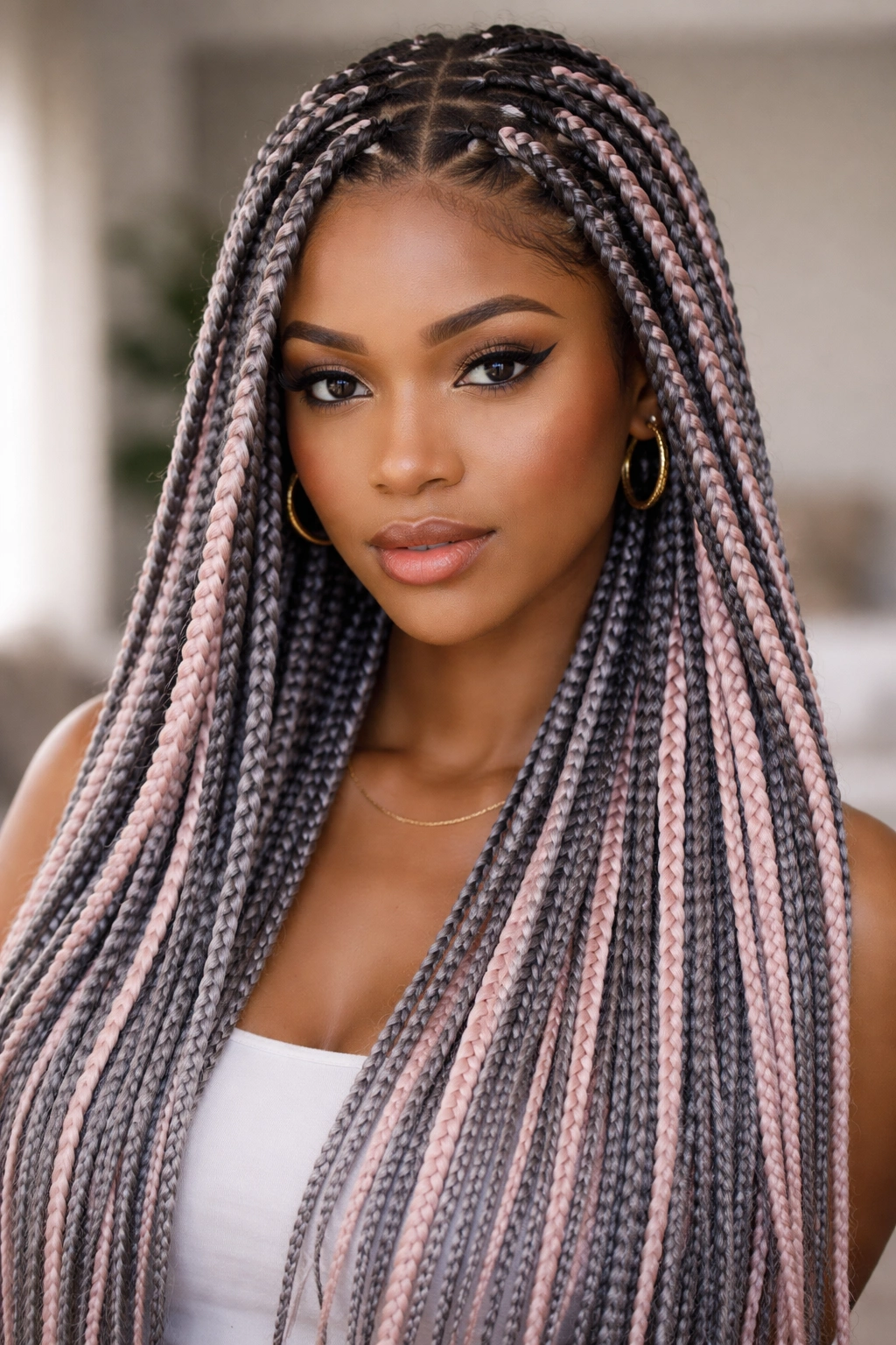 Real woman with triangle-part grey and pink box braids with rosy accents