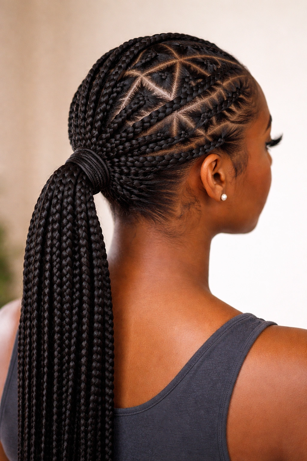 Headshot with triangle-part lines above a low knotless ponytail