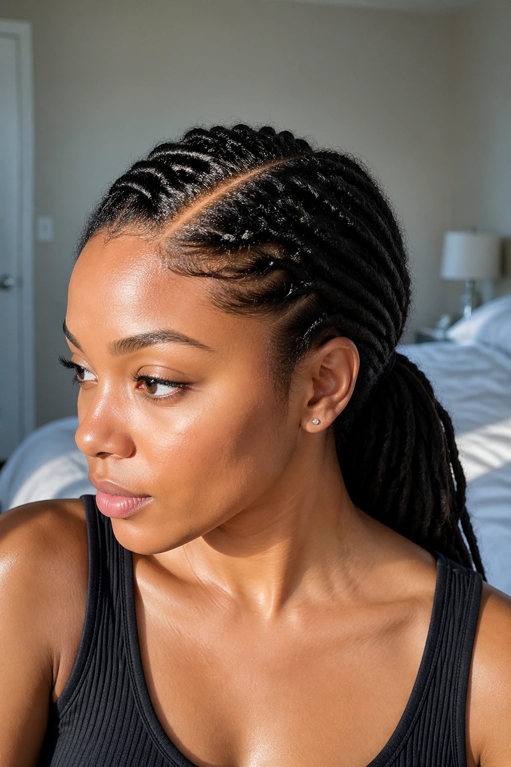 Close-up of triangle-part low ponytail on a real woman