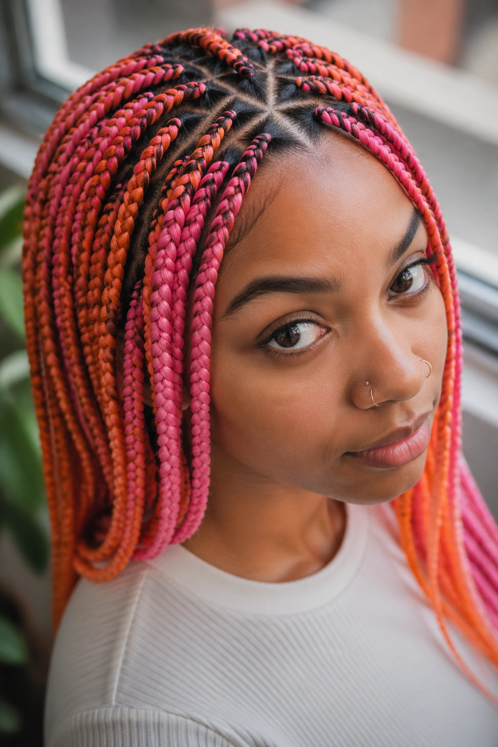 Real person with triangle-part orange and pink box braids