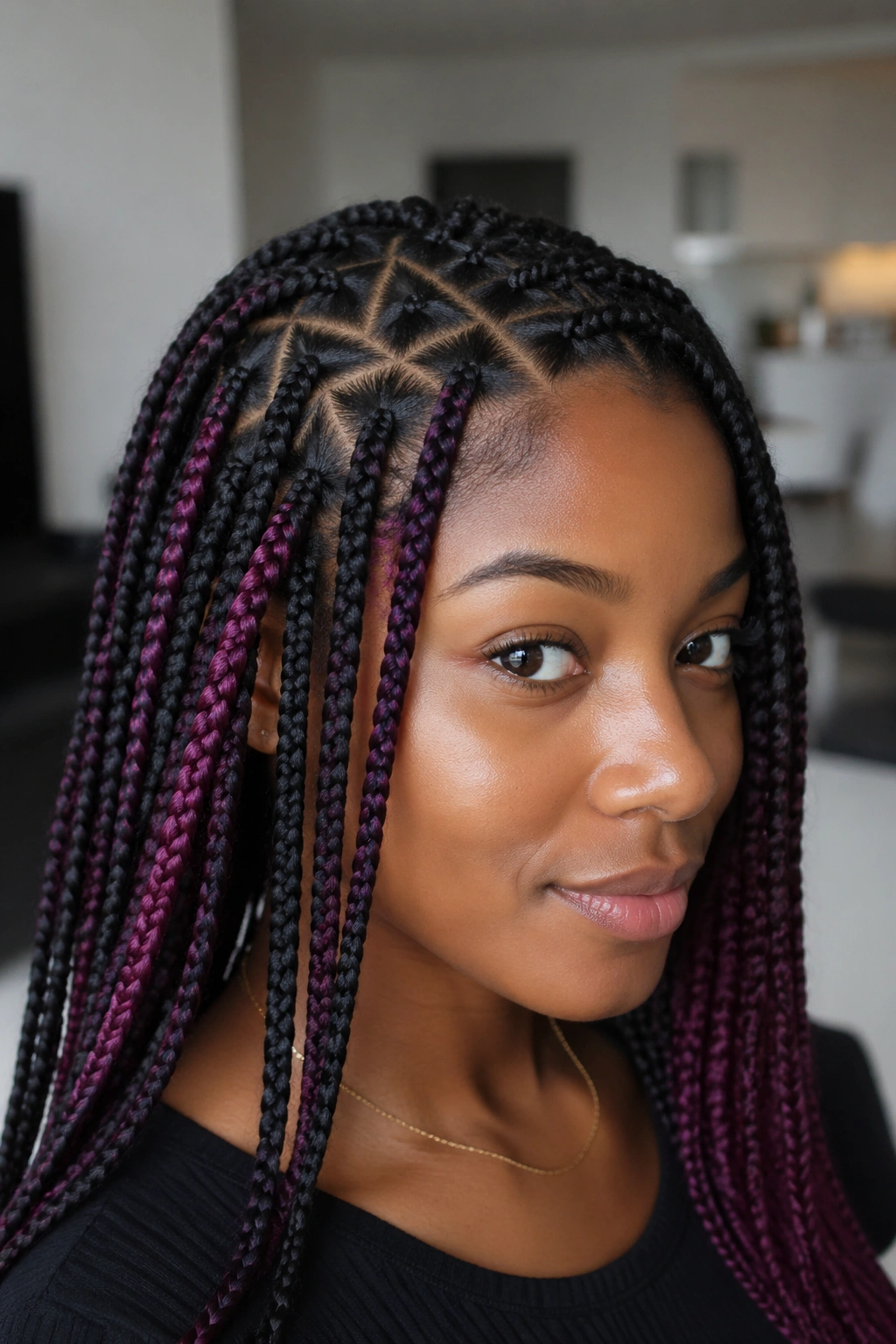 Portrait of triangle-part peekaboo braids with crisp color windows.