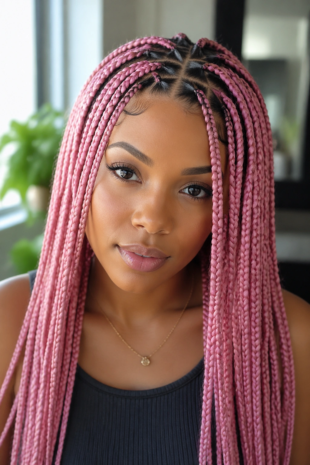 Portrait of a real woman with triangle-part pink box braids.