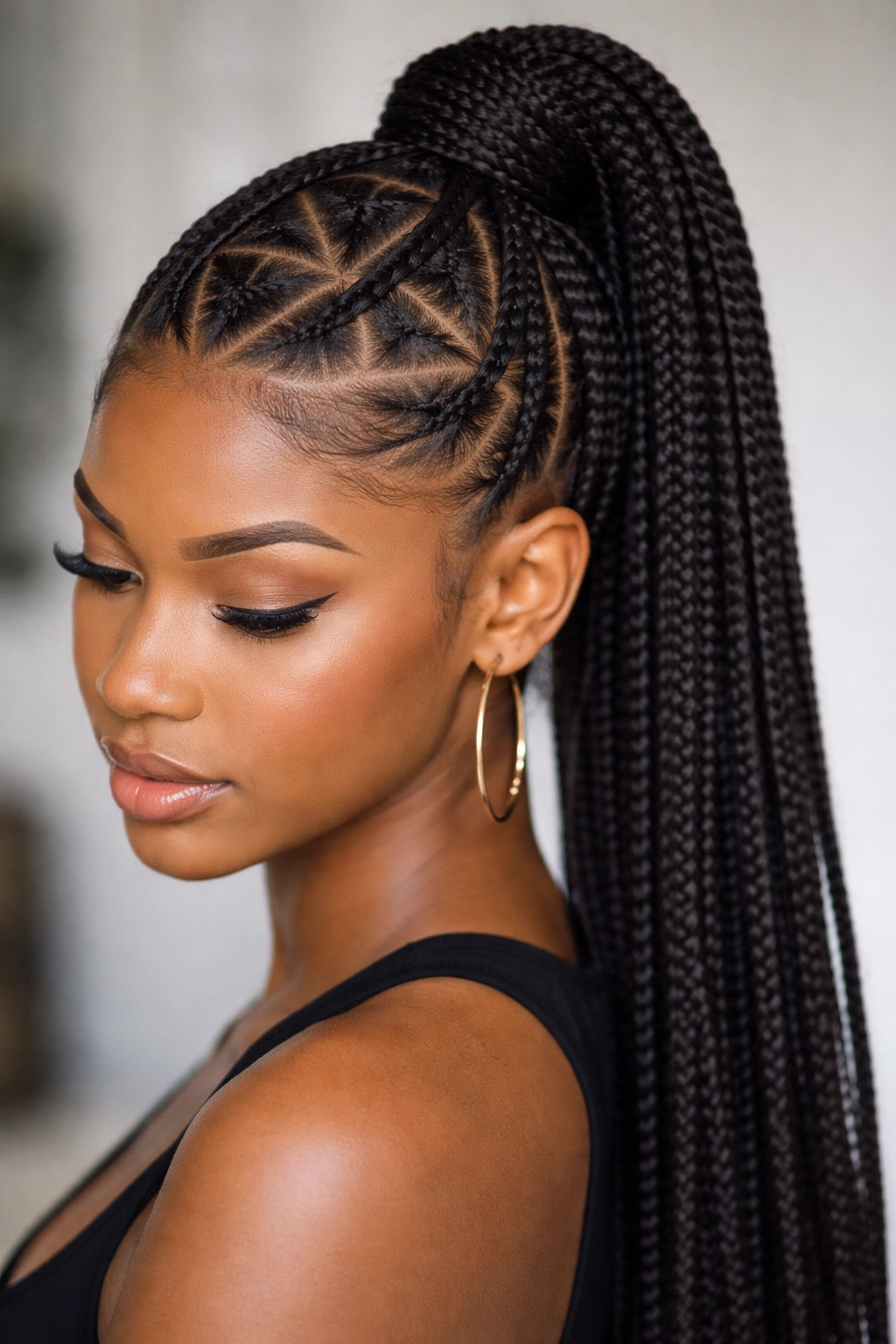 Triangle-parted ponytail with crown triangles leading to a smooth ponytail