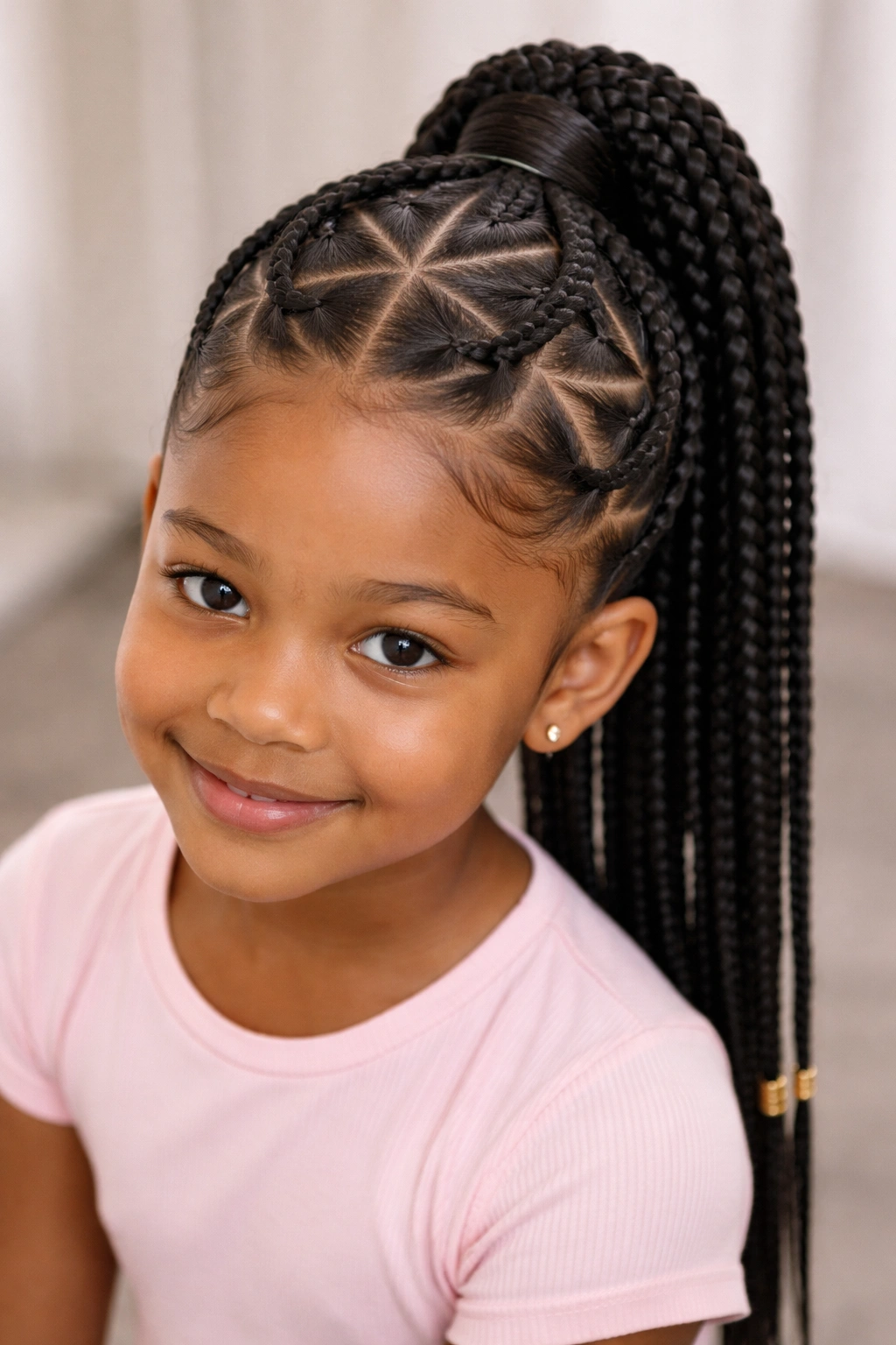Close-up of a ponytail with triangle scalp parts forming the braid base