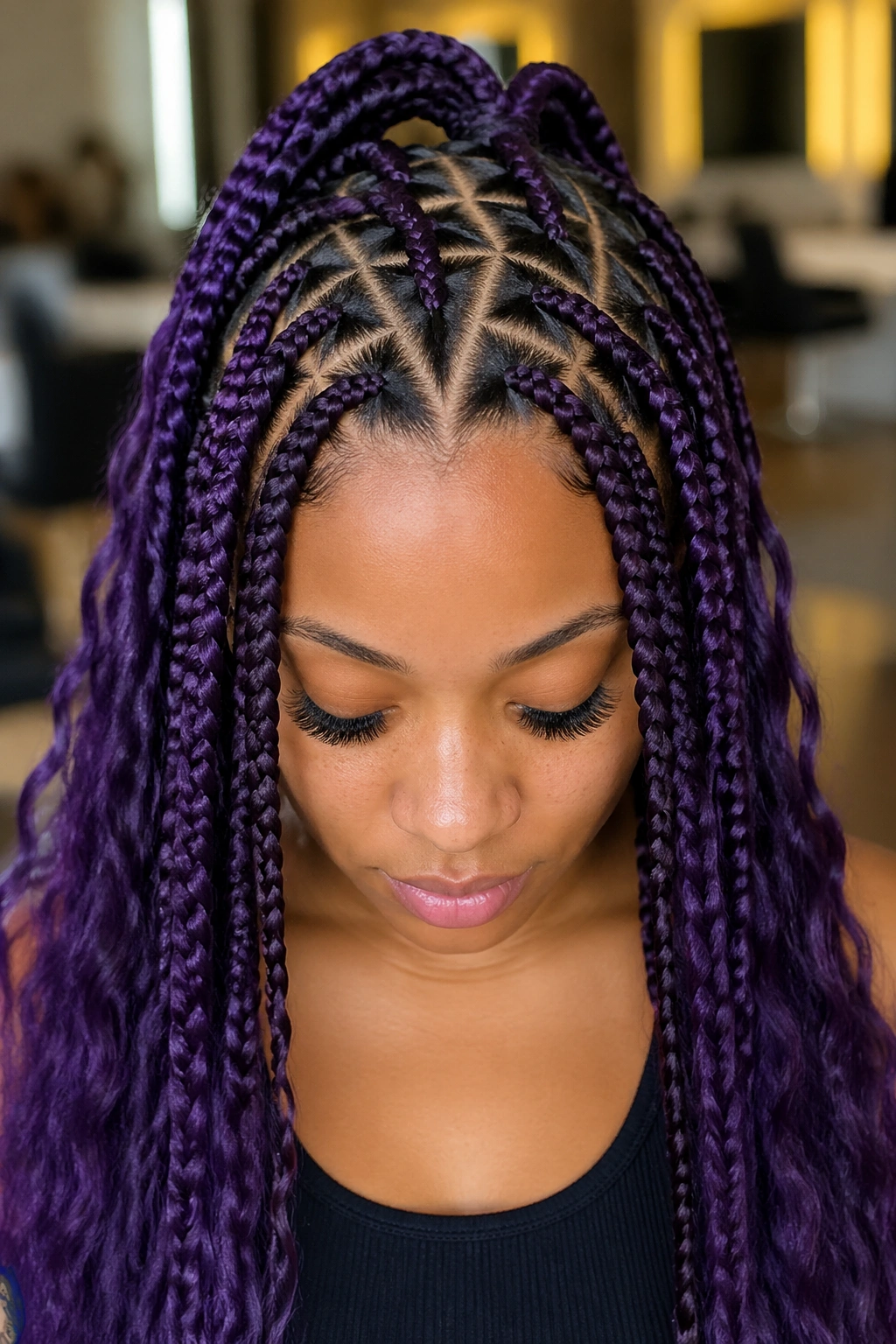 Close-up of triangle-part purple box braids on a real person's scalp in a salon