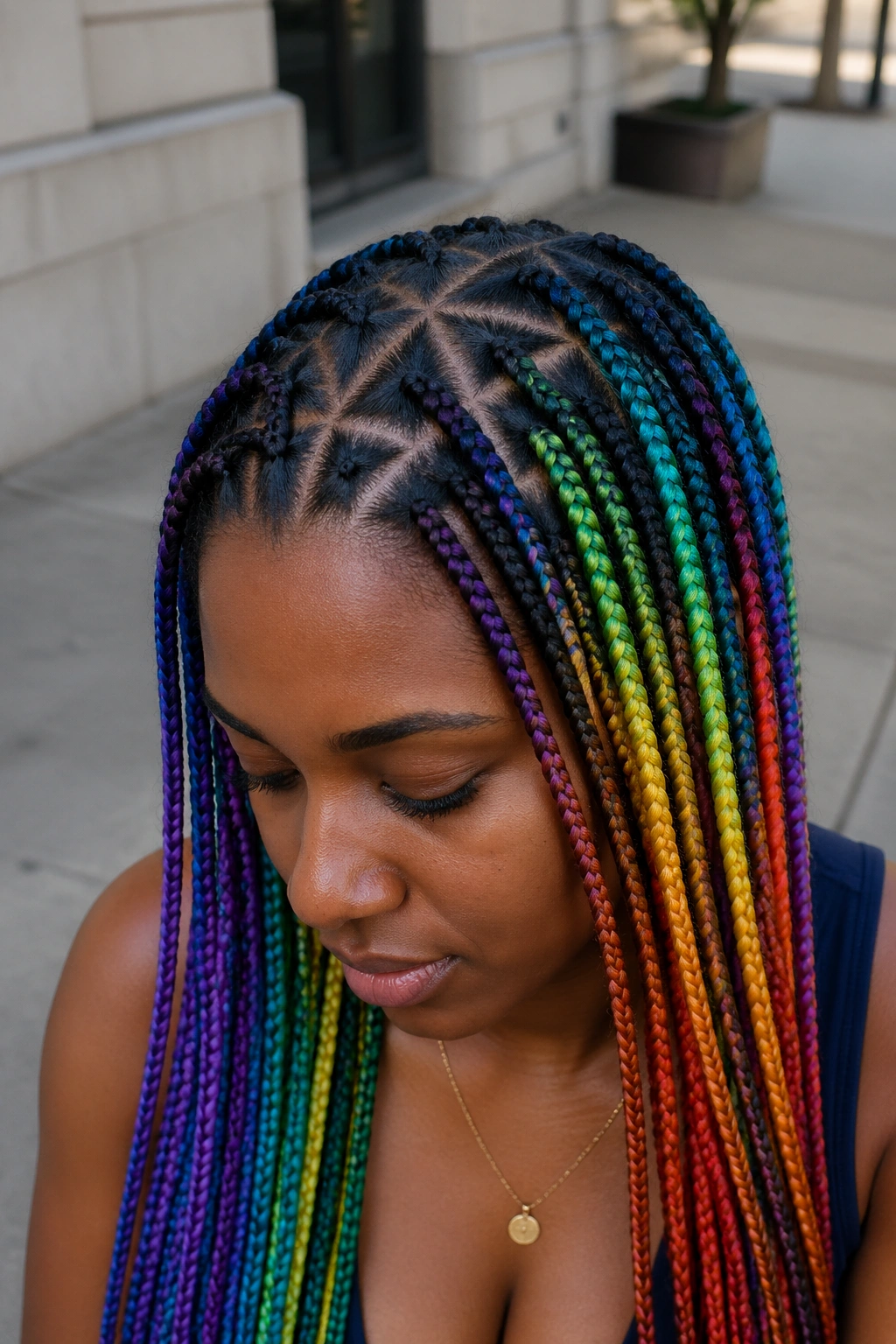 Close-up of a real person with triangle-part rainbow box braids on an urban sidewalk