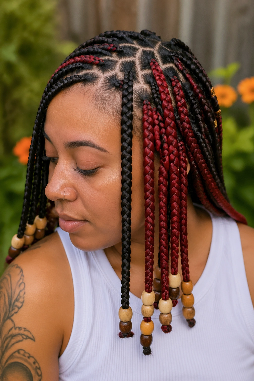 Real person with triangle-part red peekaboo box braids and wooden beads
