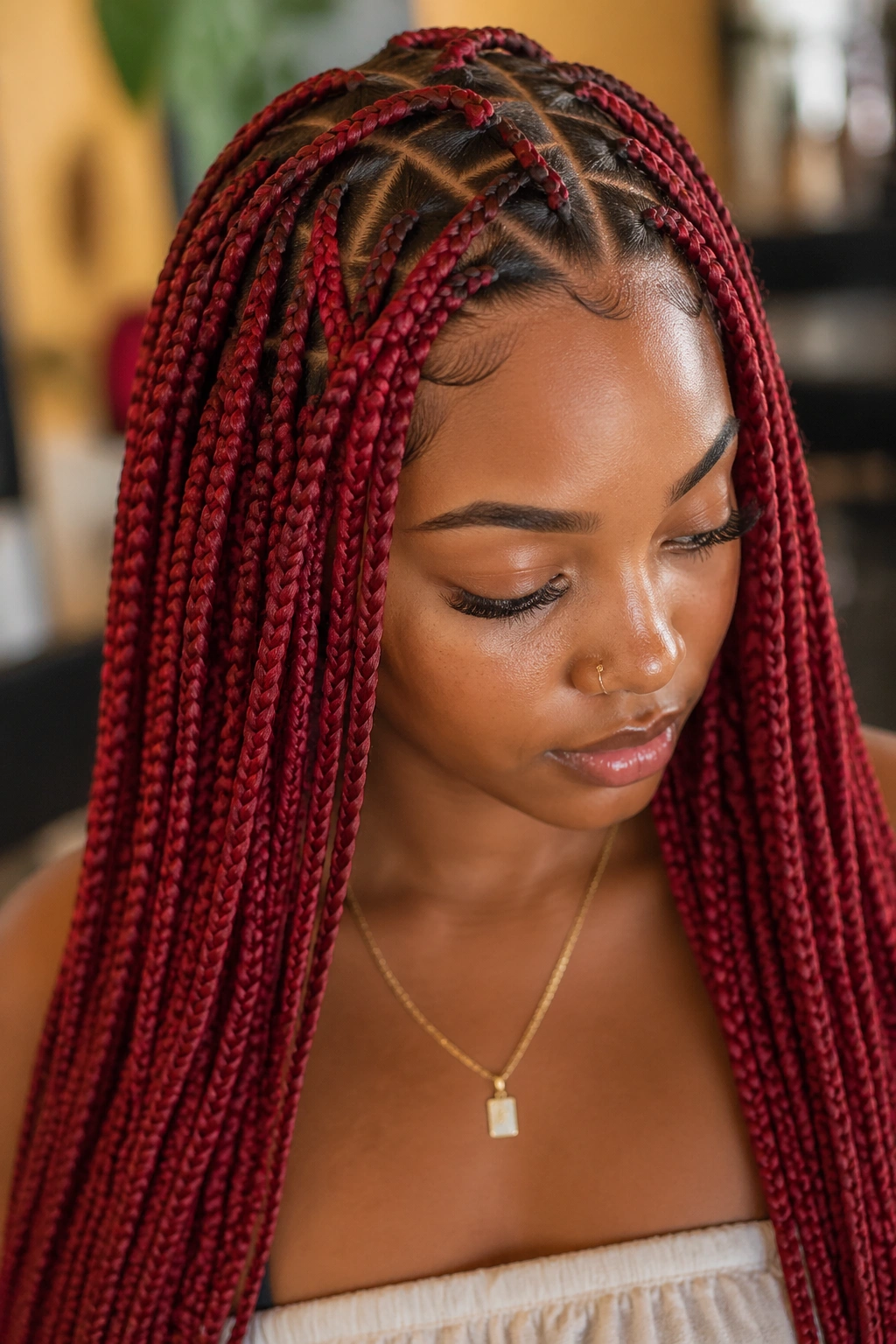 Close-up of a real woman with triangle-part red knotless box braids