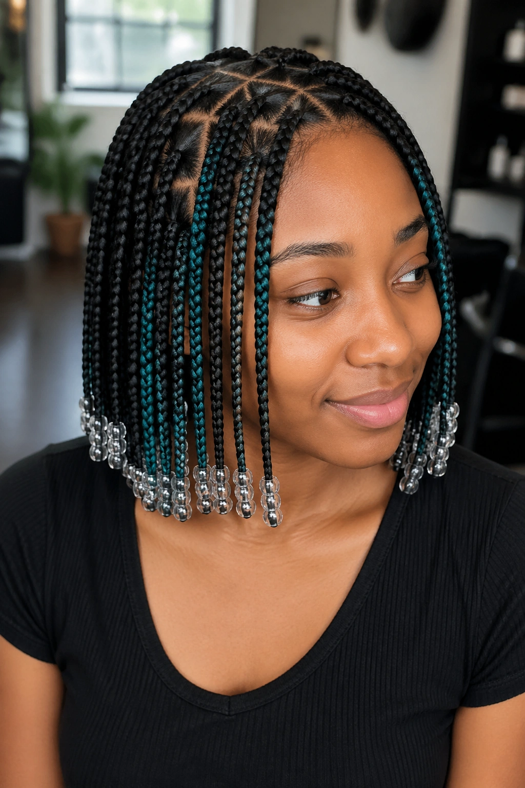 Close-up portrait of Triangle-Part Teal Peekaboo With Clear Beads hairstyle on a real person in a salon