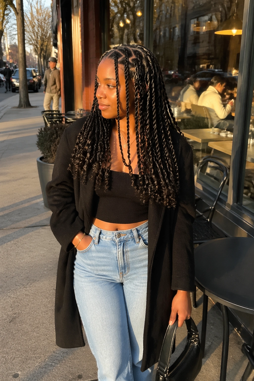 Triangle-part twist braids with defined curly ends in outdoor city setting.