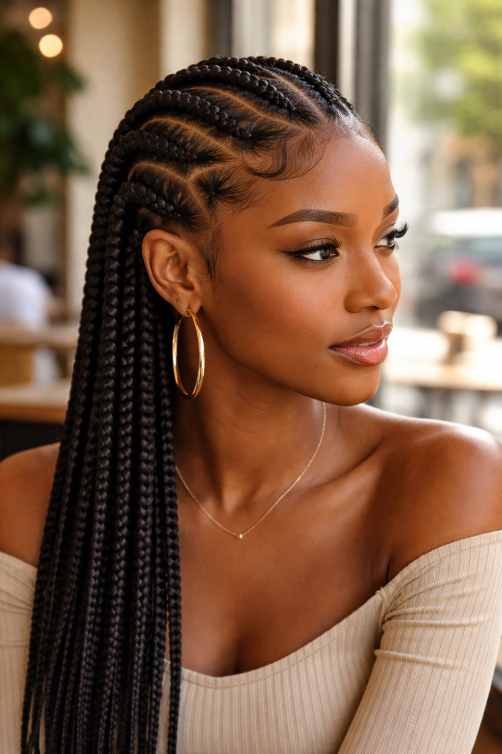 Real woman with triangle-parted all-back cornrows