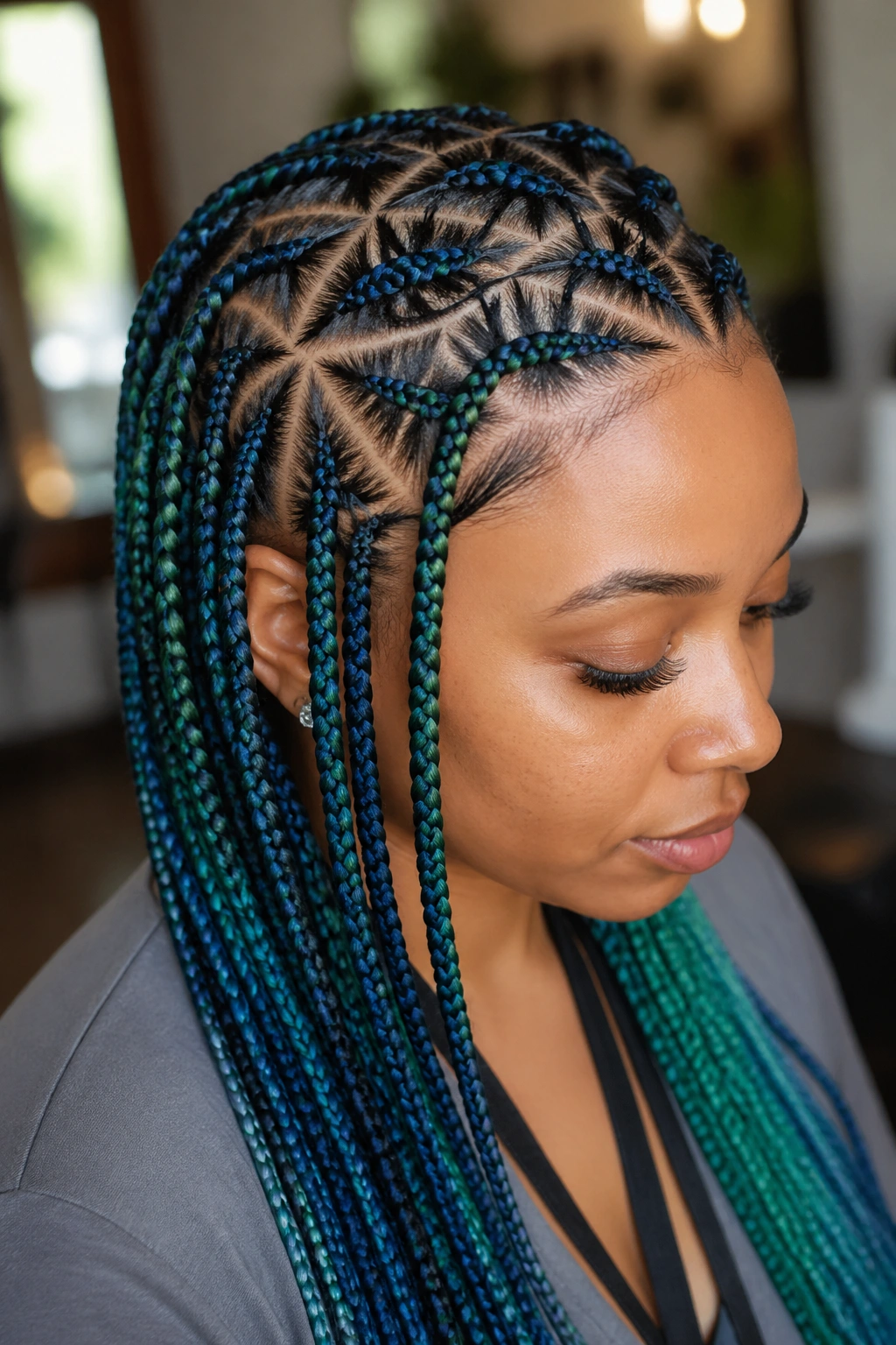 Close-up portrait of a real person with triangle-part blue and green box braids and crisp part geometry.