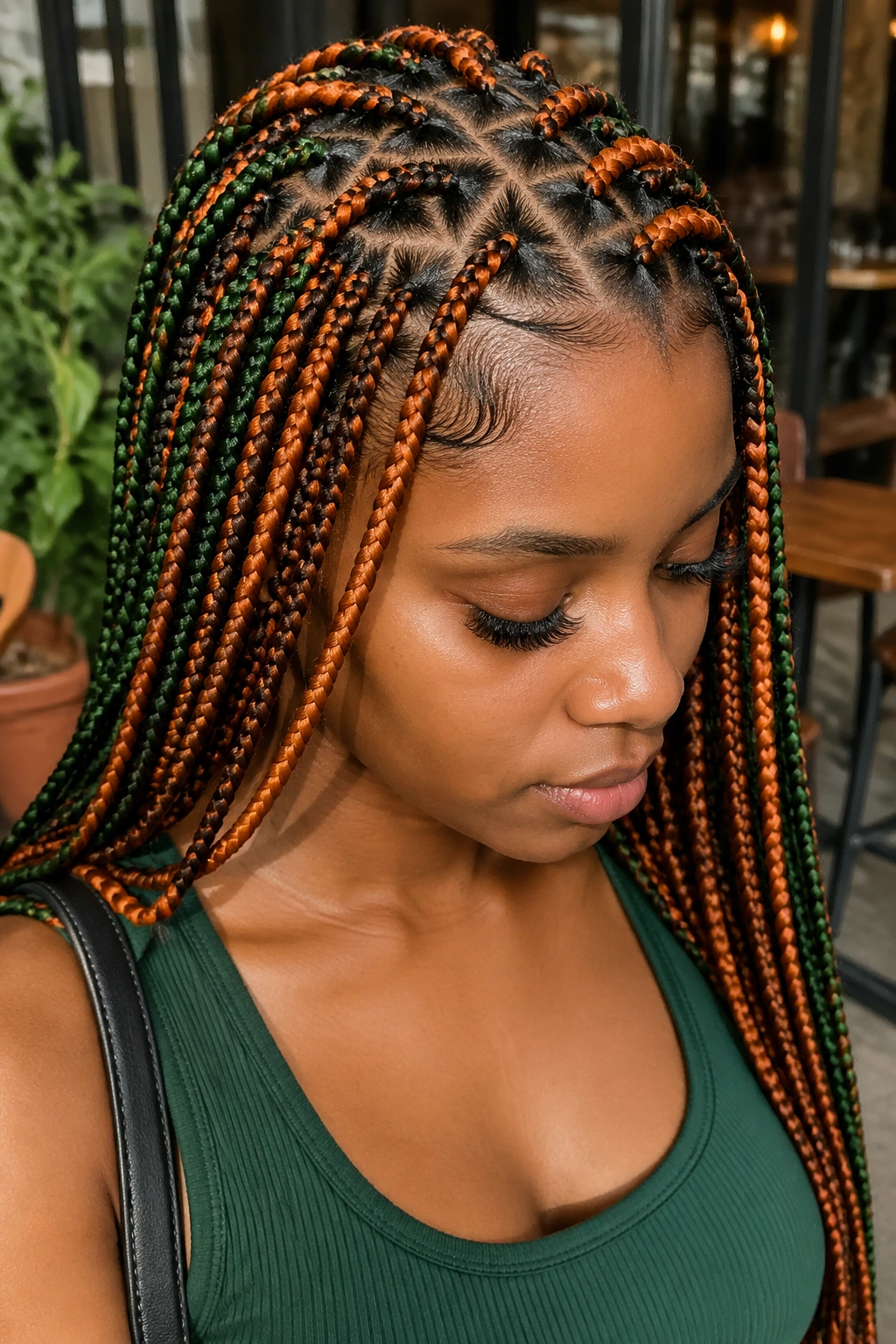 Portrait of a woman with triangle-parted green and orange box braids