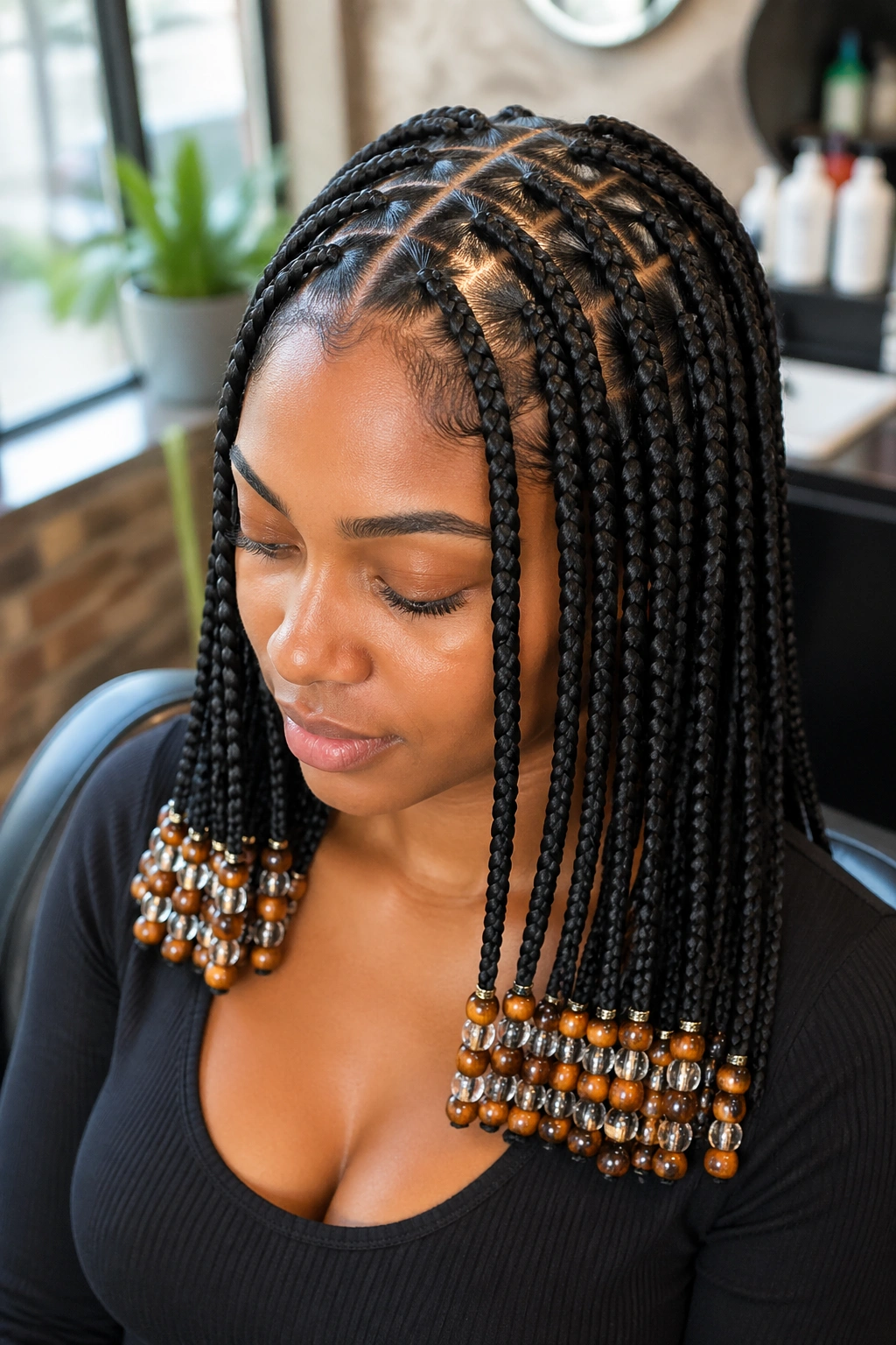 Close-up portrait of a real woman with triangle-part box braids and beads, showing crisp triangle parts and bead ends.