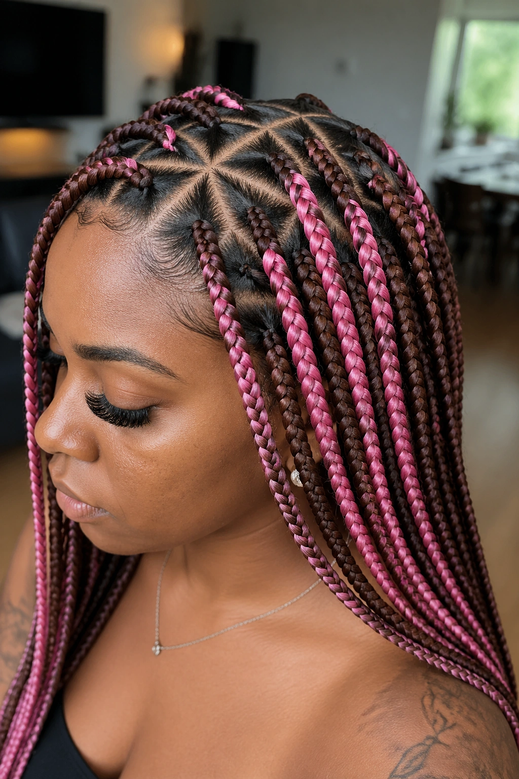 Real woman with triangle-parted brown and pink box braids.