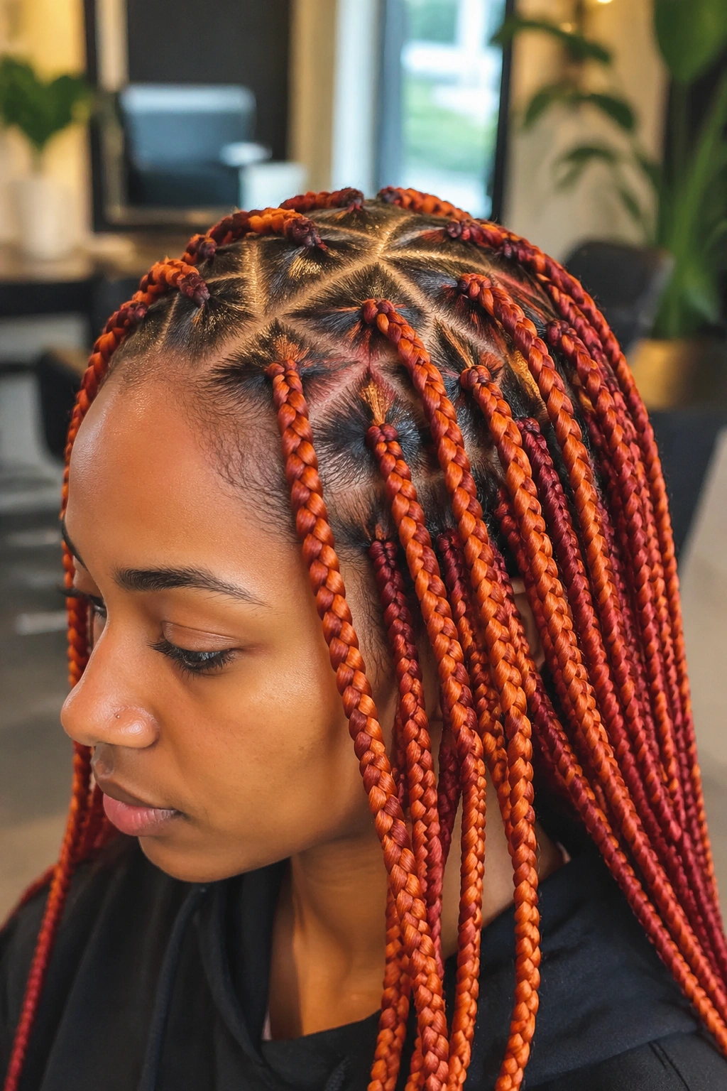 Close-up of a real woman with triangle-part orange and red box braids in a salon setting.