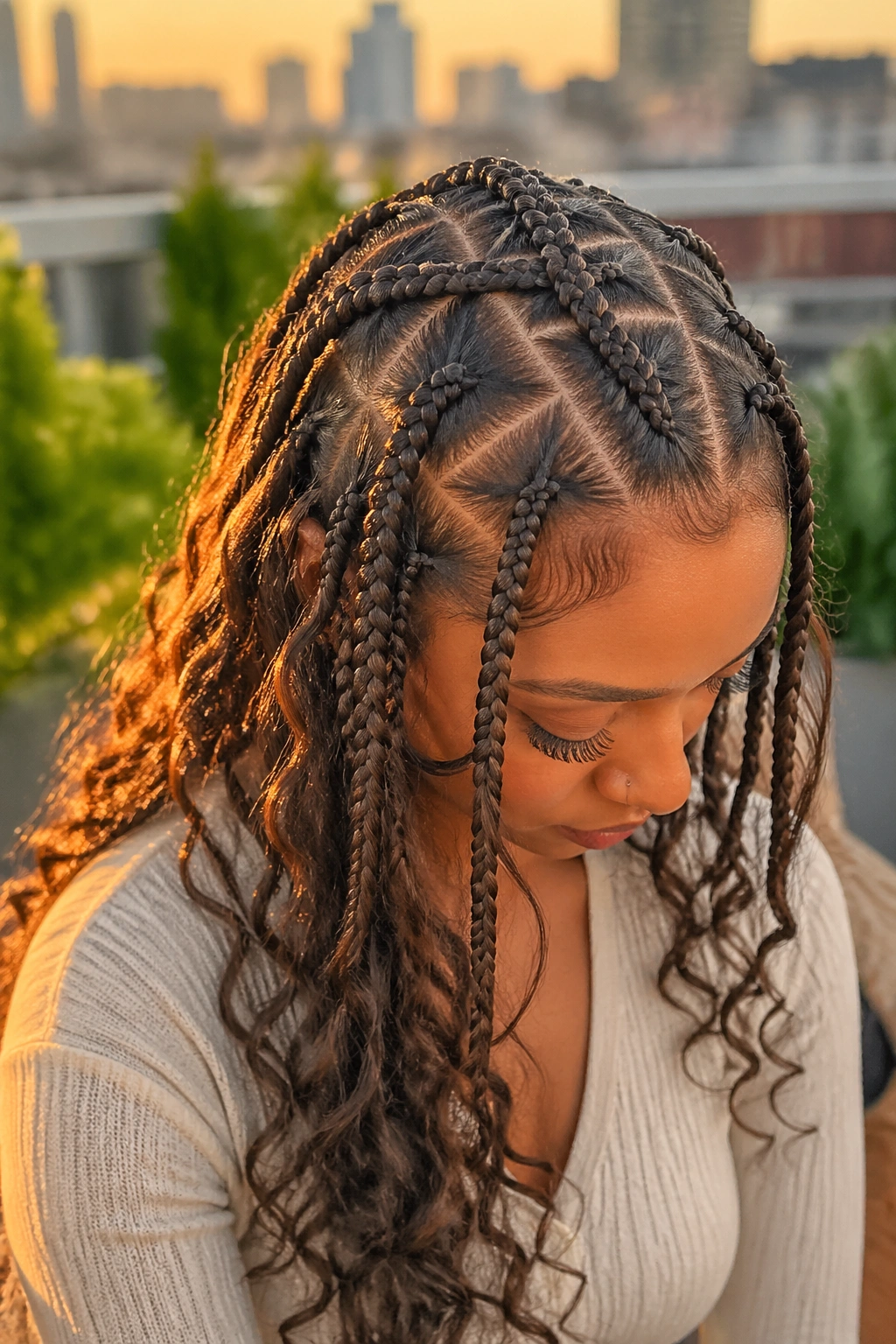Close-up of a real woman with triangle-part braids and loose wave ends.