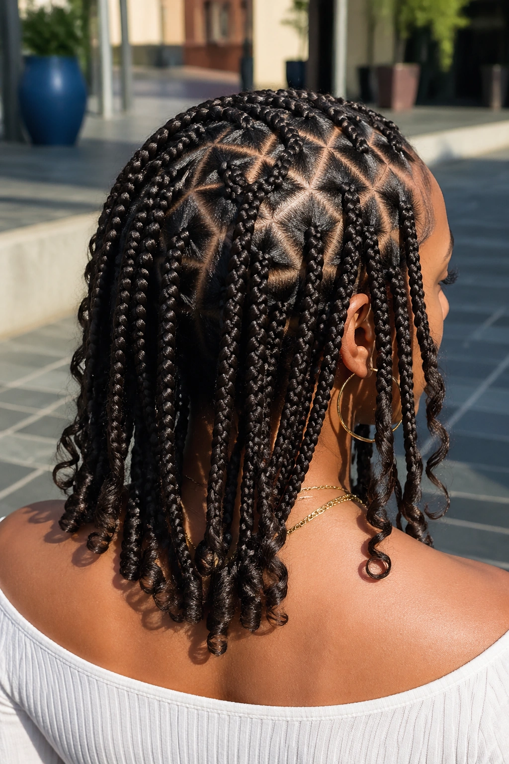 Back of head portrait showing triangle-parted knotless box braids on a real person.
