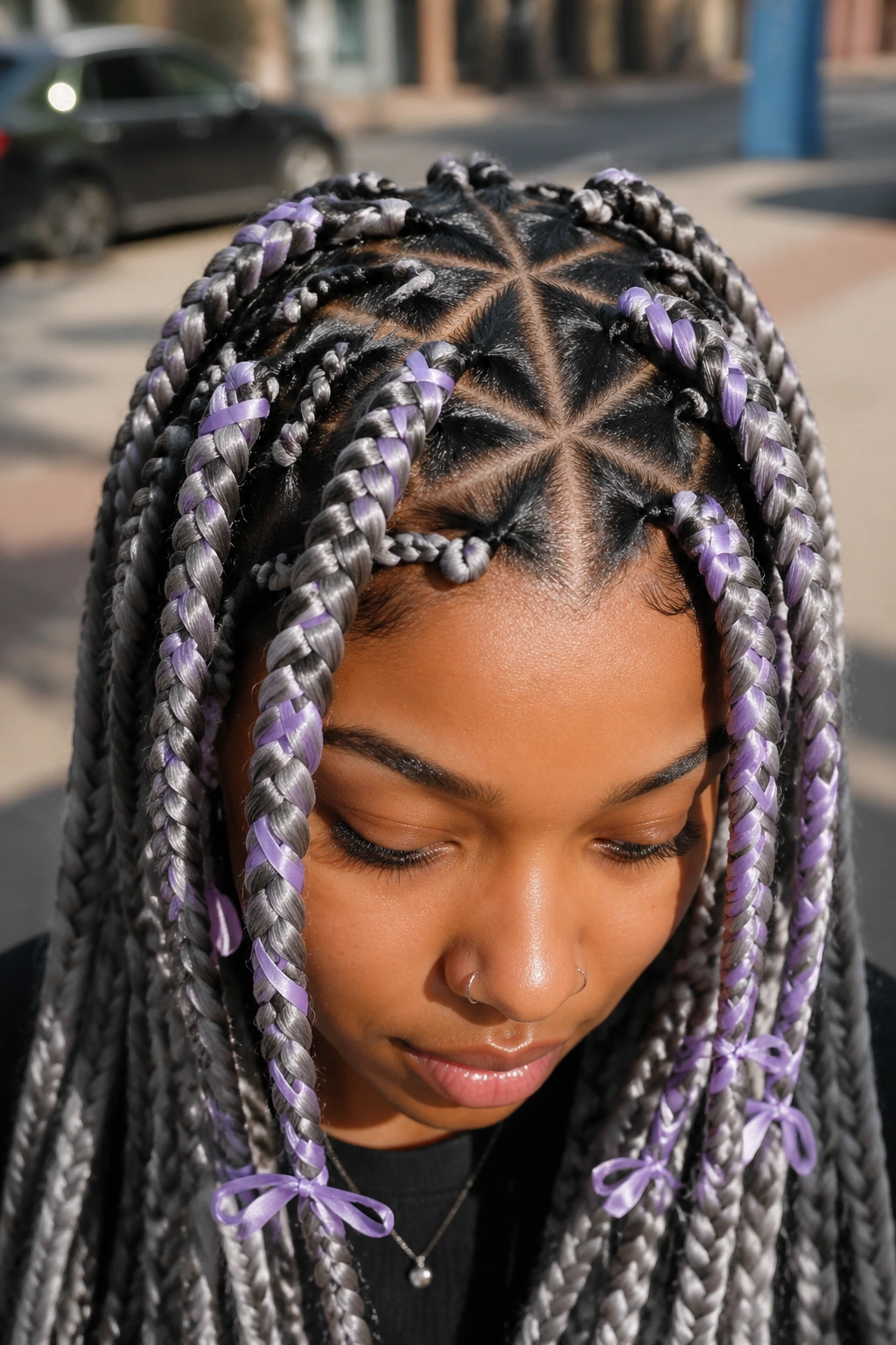 Real person with triangle-part hair and lavender ribbons in silver braids.
