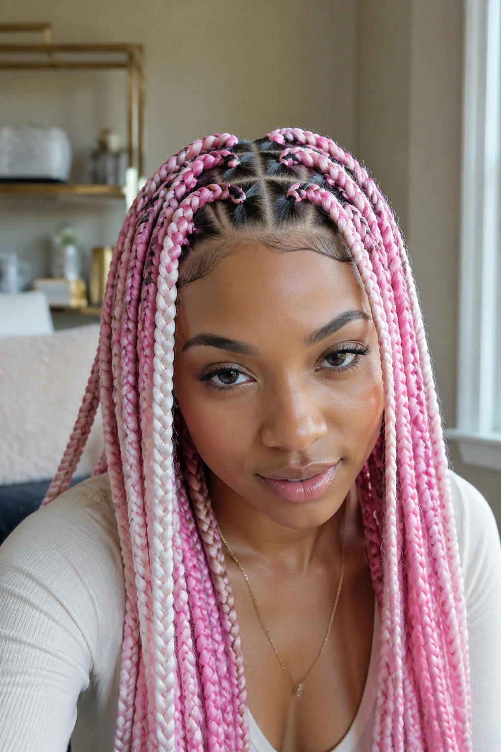 Portrait of a real woman with triangle-part pink and white box braids.