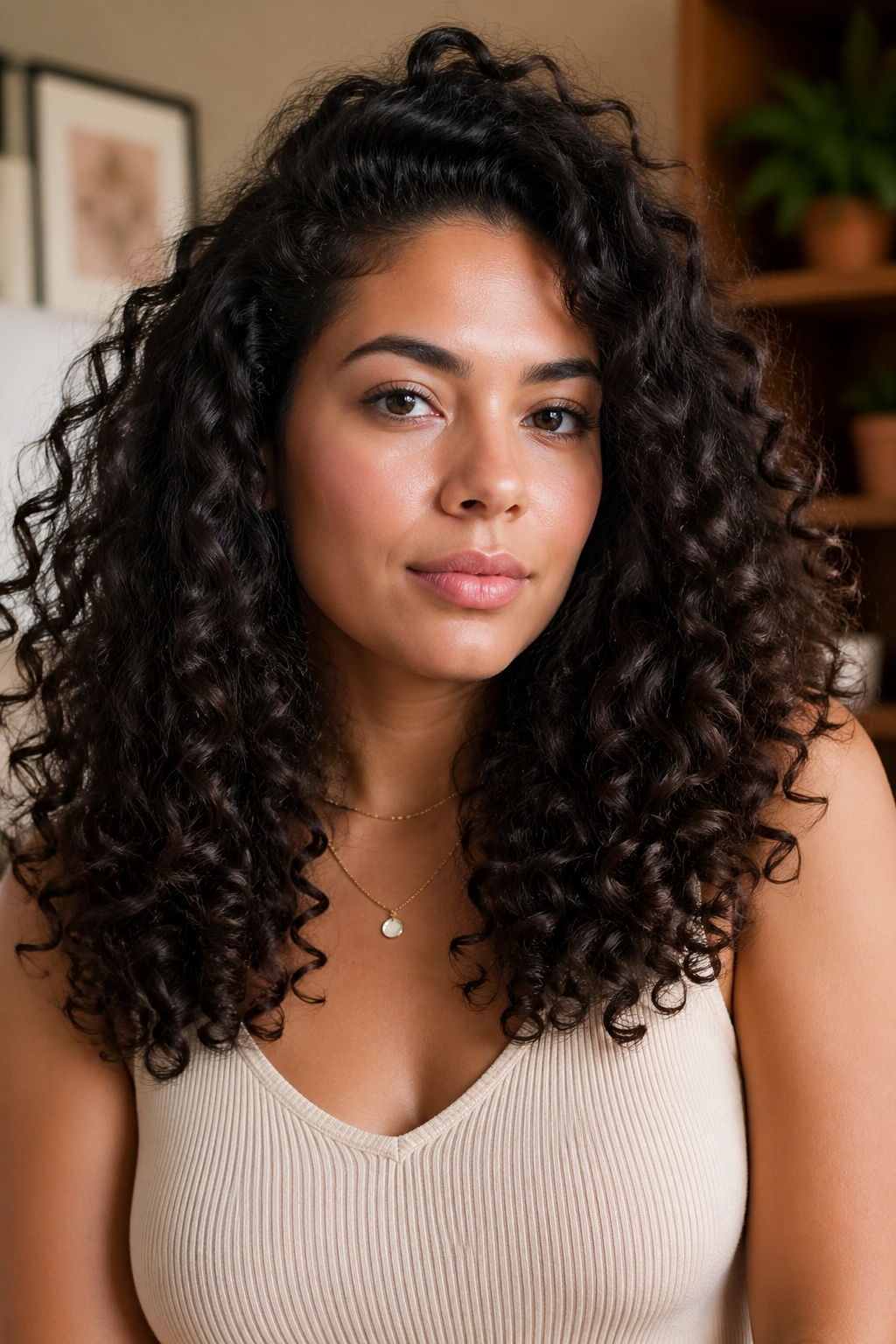 Portrait showing triangle silhouette in medium curly hair