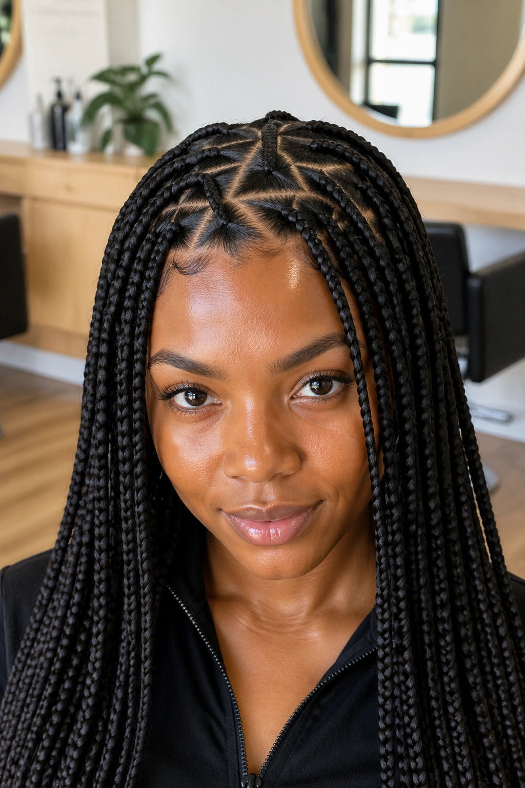 Real person with triangle and zigzag parts in box braids