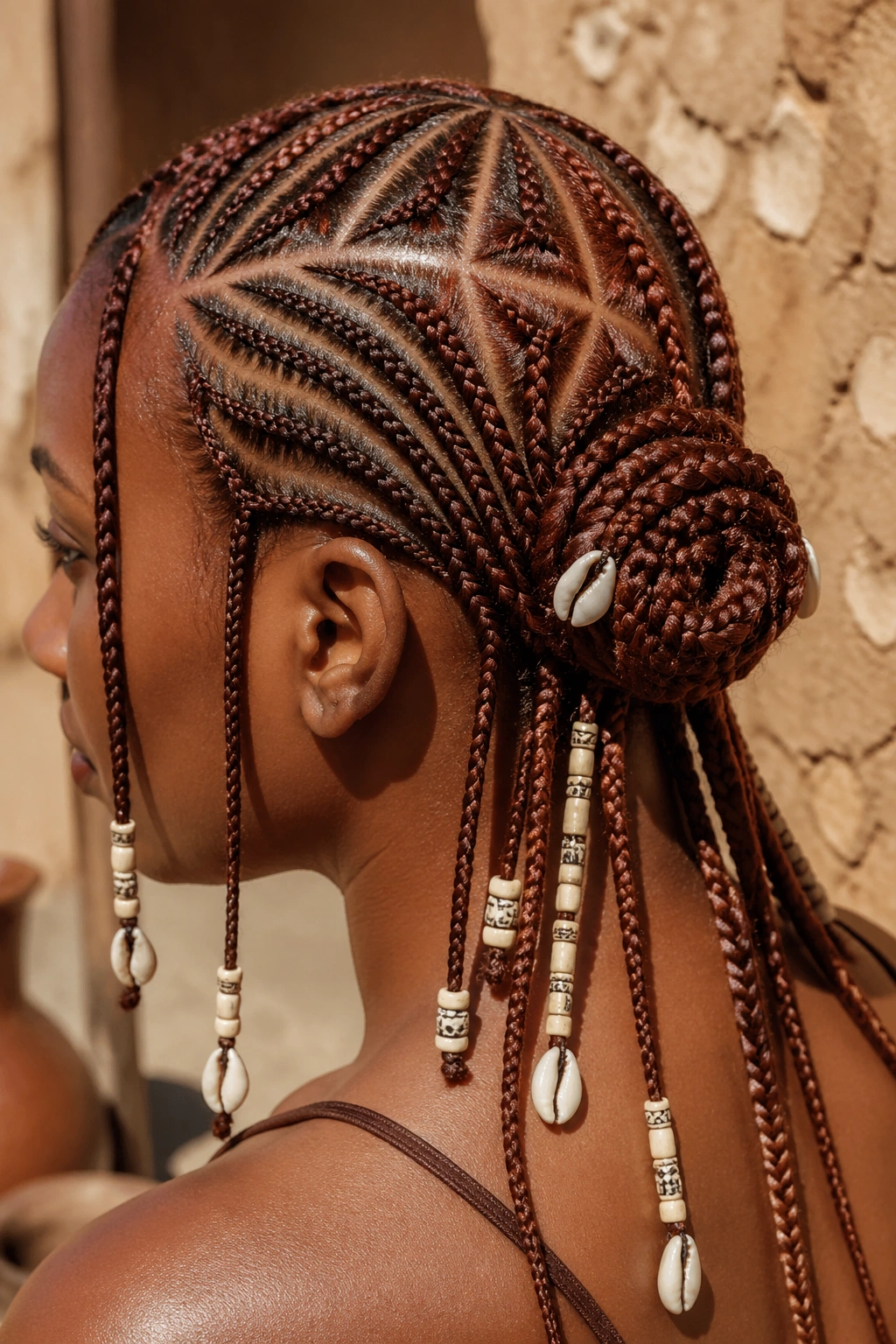 Close-up of tribal auburn cornrow pattern with triangles and central knot on a real person's head, beads and cowrie shells.