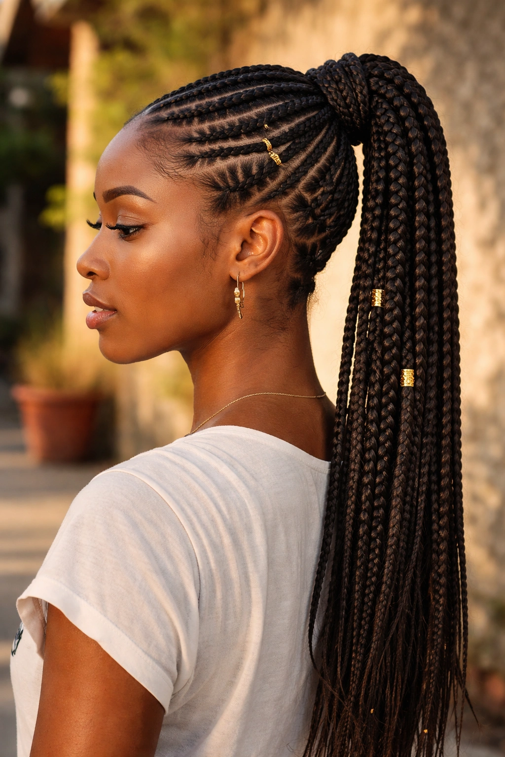 Close-up of a real person with a tribal braided ponytail featuring feed-in rows and accent braids.